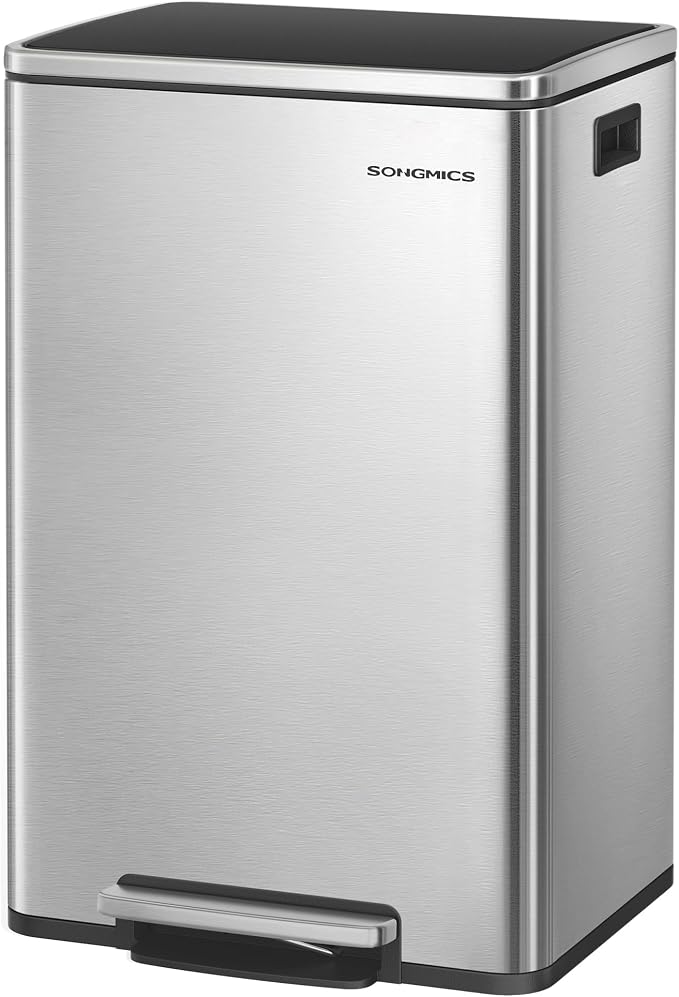 SONGMICS Trash Can, 13-Gallon Gabbage Can, with 15 Trash Bags, Stainless Steel, with Soft-Close Lid, Removable Inner Bucket, Handles, Silver ULTB595E01