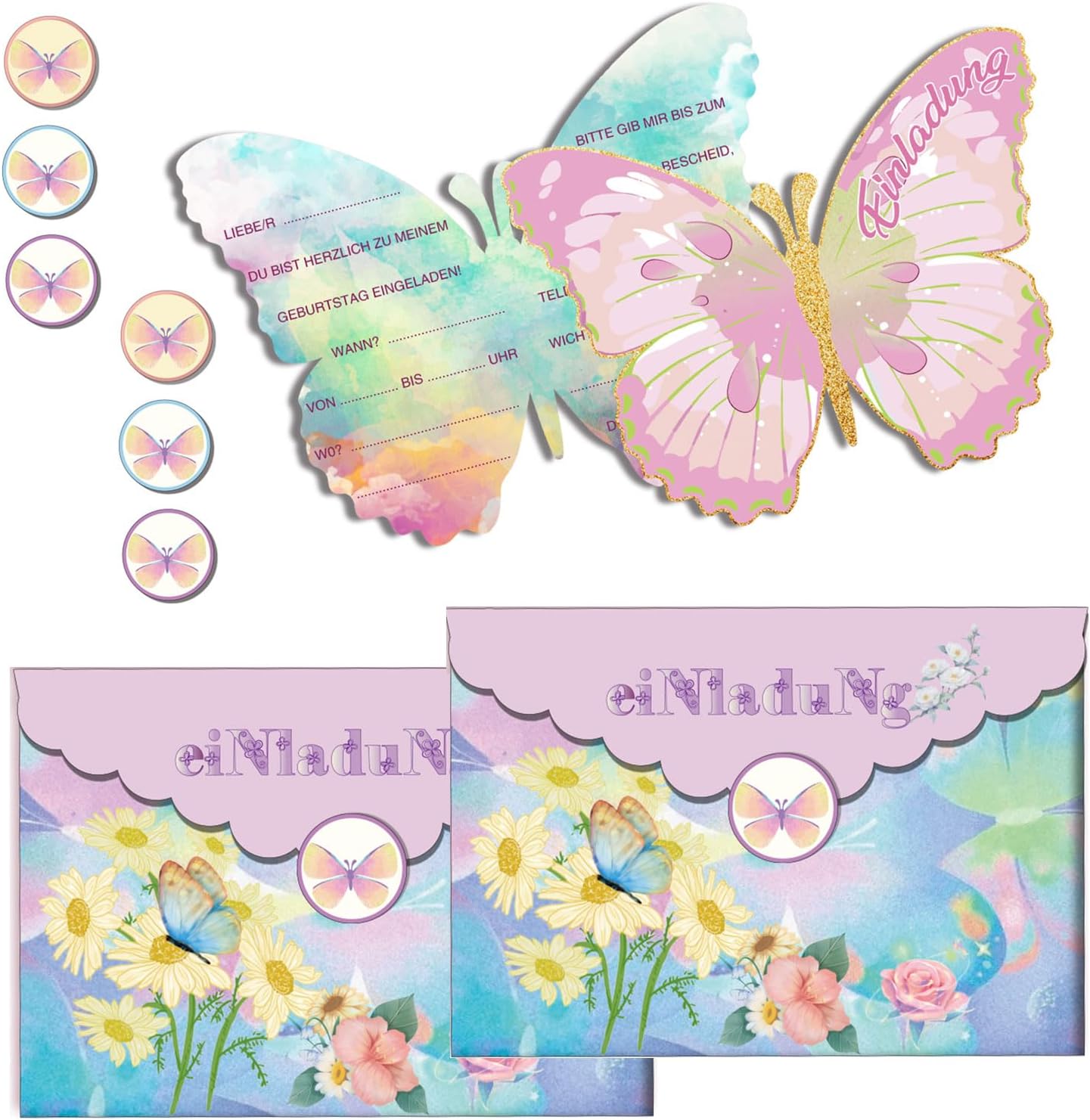 12 Regenbogen Einladungskarten + Umschläge - Kindergeburtstag Party Einladungen