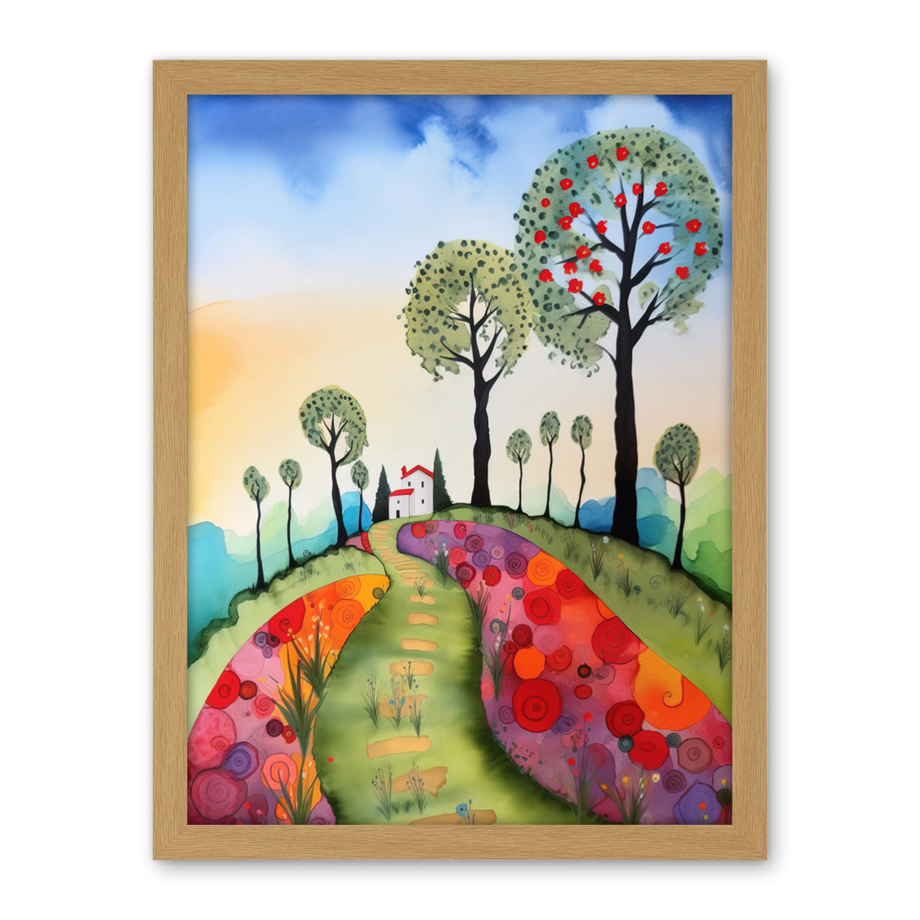 Artery8 Countryside House Path With Flowerbeds Folk Art Landscape Watercolour Painting Artwork Framed Wall Art Print 18X24 Inch