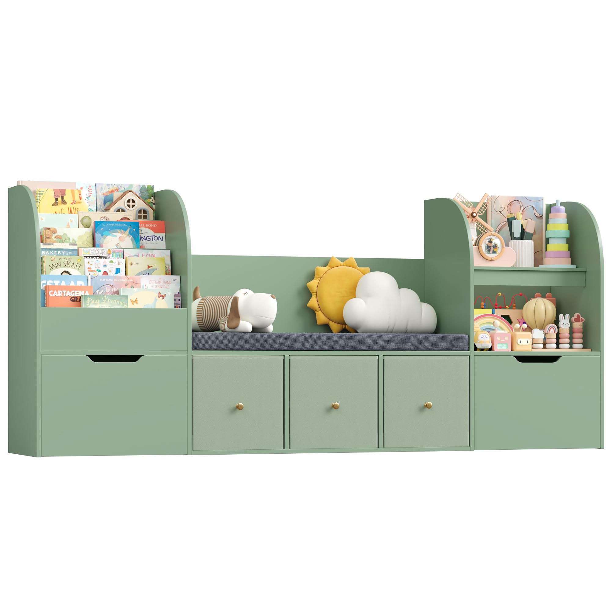 FOREHILL Meuble Rangement Enfant 180cm Bibliothèque Enfant avec Banc Vert