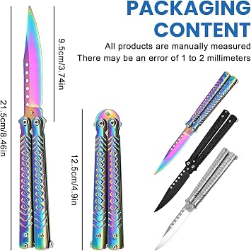 Sporgo Butterfly Knives: Butterfly Trainer Unsharpened Blade Practice Butterfly Comb Stainless Steel Butterfly Knife Trainer for Training Knives Beginners Practises Flipping Tricks (Black + White + Colour)