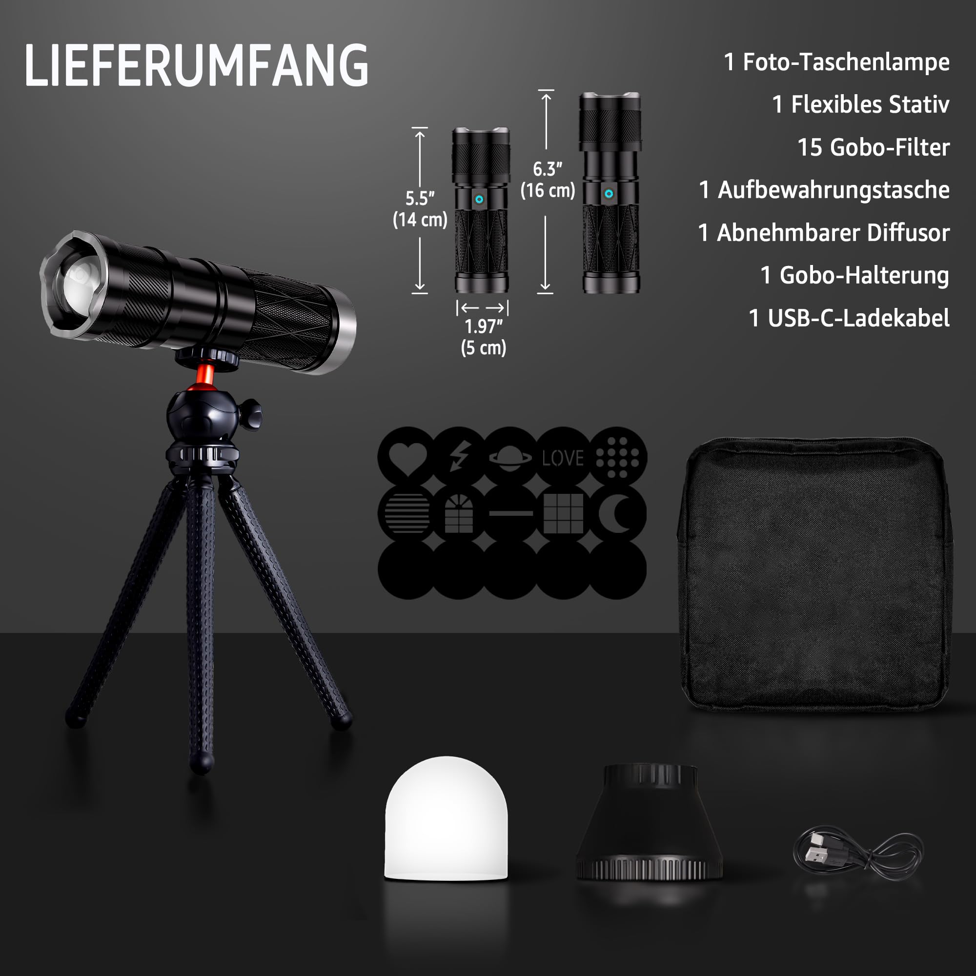 LED-Taschenlampe für Fotografie, ARSOER RGB-Dimmbares und Zoombares 4-farbiges Fülllicht aus Aluminiumlegierung mit Flexiblem Stativ/Diffusor/15 Gemusterten Lichtfiltern/USB-C, 6000mAh für Fotos/Video
