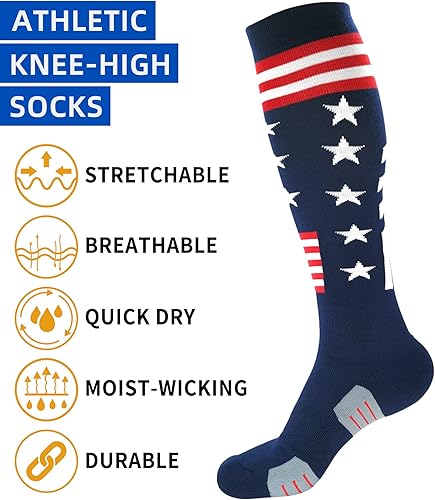 Miniatura 5 de Calcetines atléticos hasta la rodilla con la bandera estadounidense para béisbol, fútbol, sóftbol y fútbol