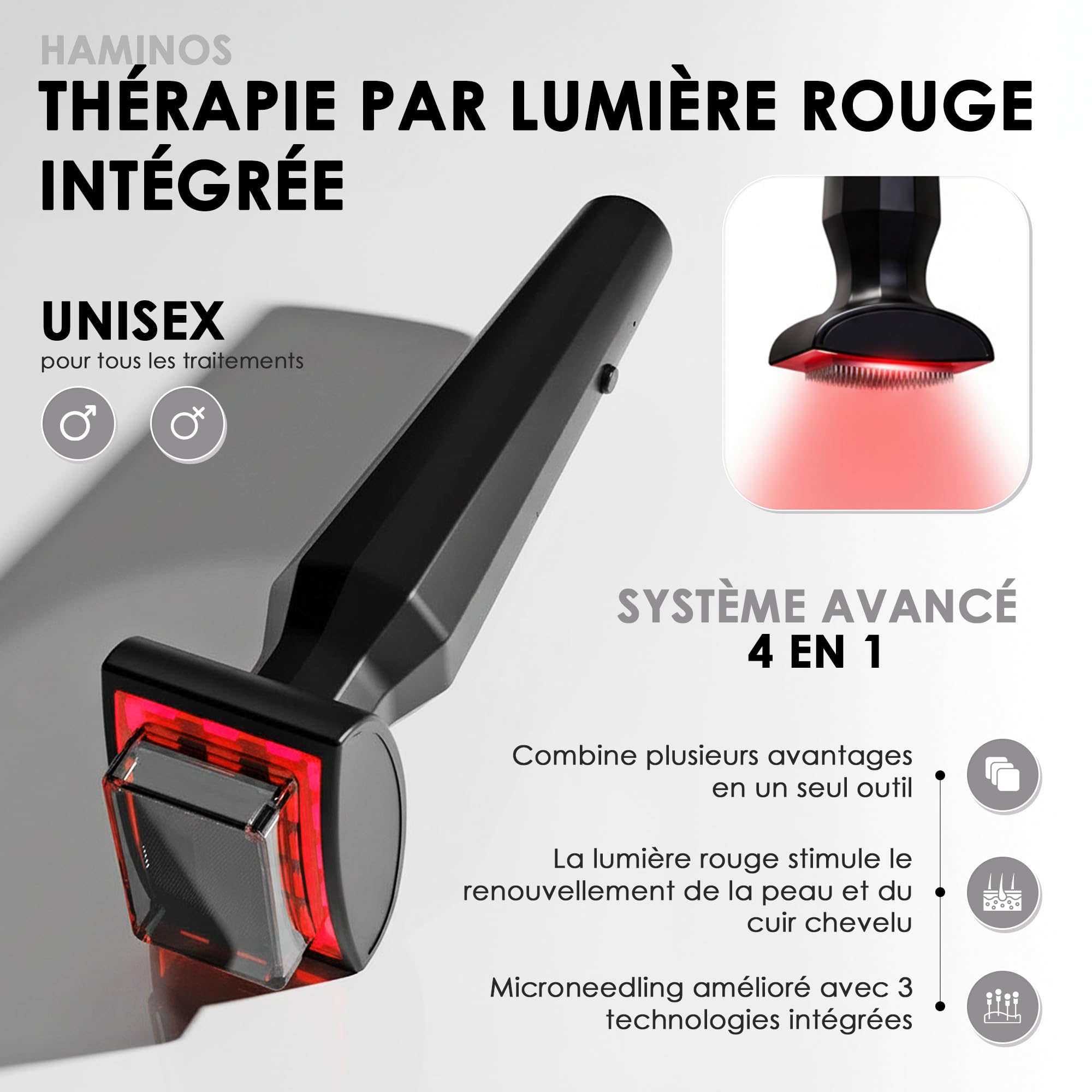 Derma Stamp 0,25 mm pour Cuir Chevelu et Peau, Appareil Microneedling 4 en 1 avec 2 Têtes d’Aiguilles, Lumière Rouge, Microcourant, Vibration, Recharge USB-C