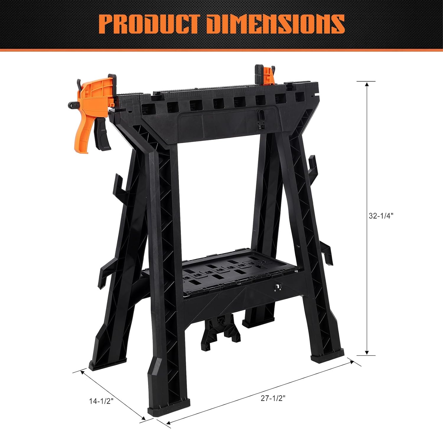Folding Clamping Sawhorse Set of 2, 2200 LBS Capacity Heavy Duty Work Support Stand, Portable Plastic Sawhorse with Integrated Bar Clamps & Power Strip Holder, Fully Assembled for Garage Workshop DIY
