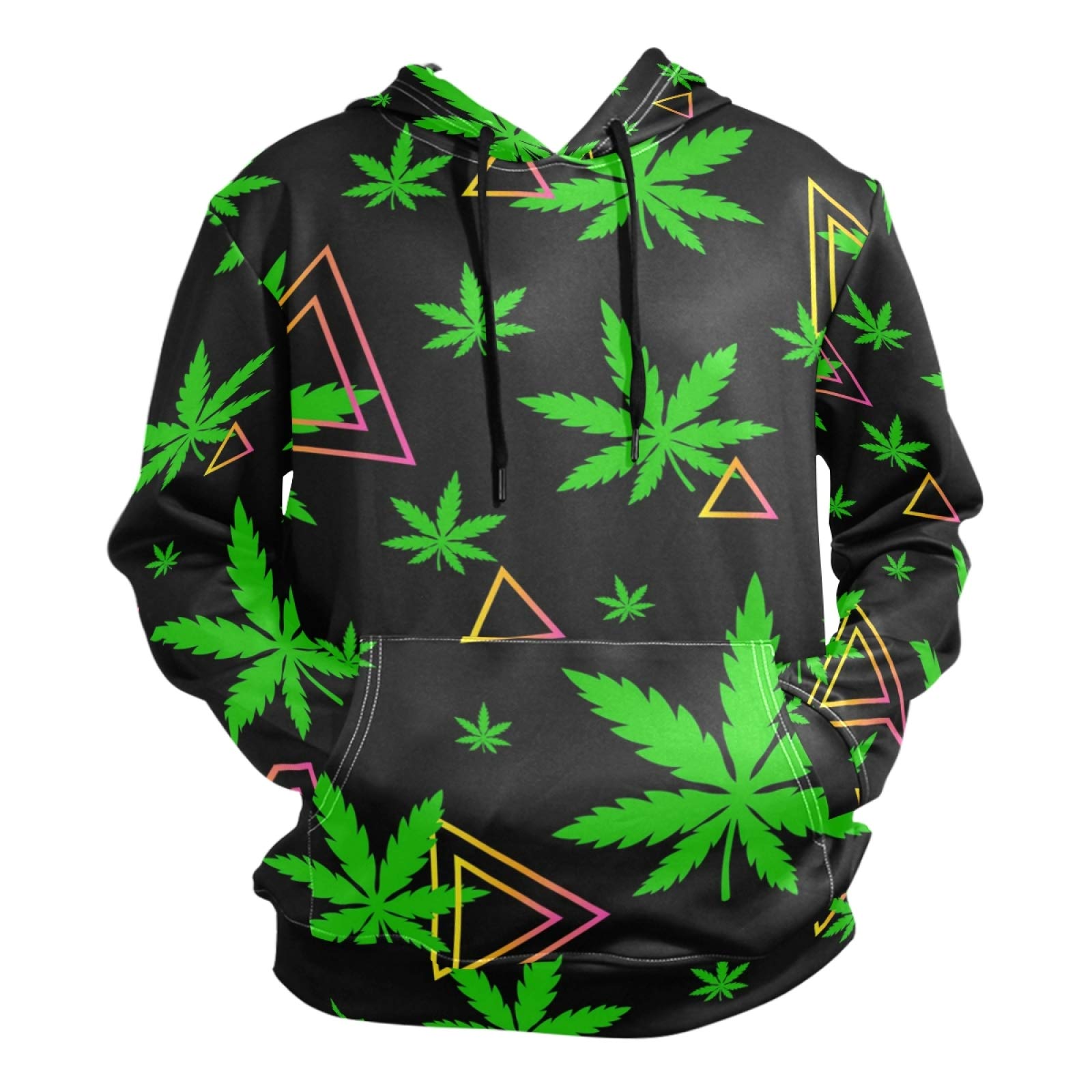Puxuqu Men's Multicoloured Hoodie Sweatshirt Green Leaves Hemp Marijuana Long Sleeve Pullover Hooded Hoody With Pockets