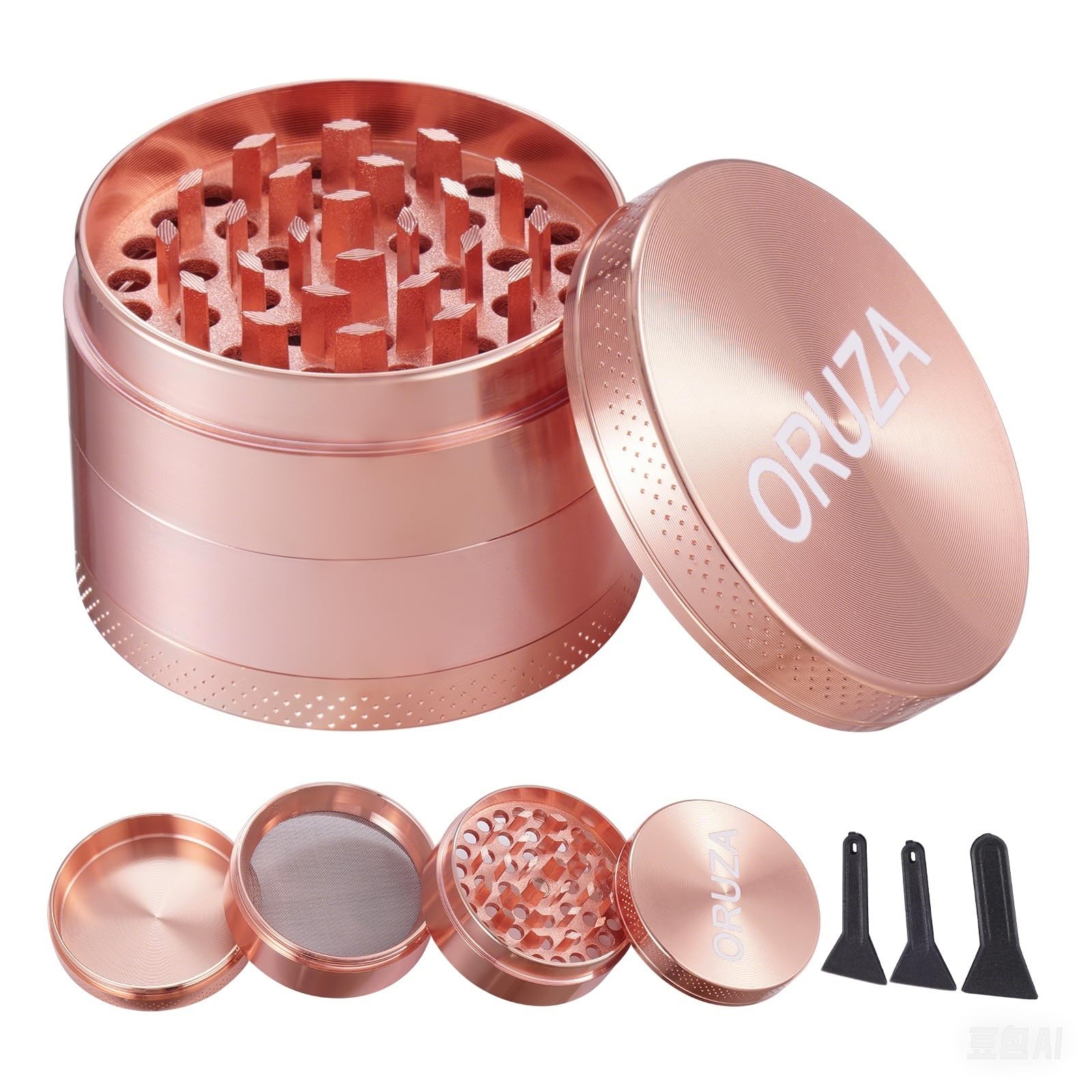 TIRIRS Macinino Spezie In Alluminio 63mm 4 Pezzi | Raccoglipolline Magnetico | Raschietto E Spazzola | Oro Rosa