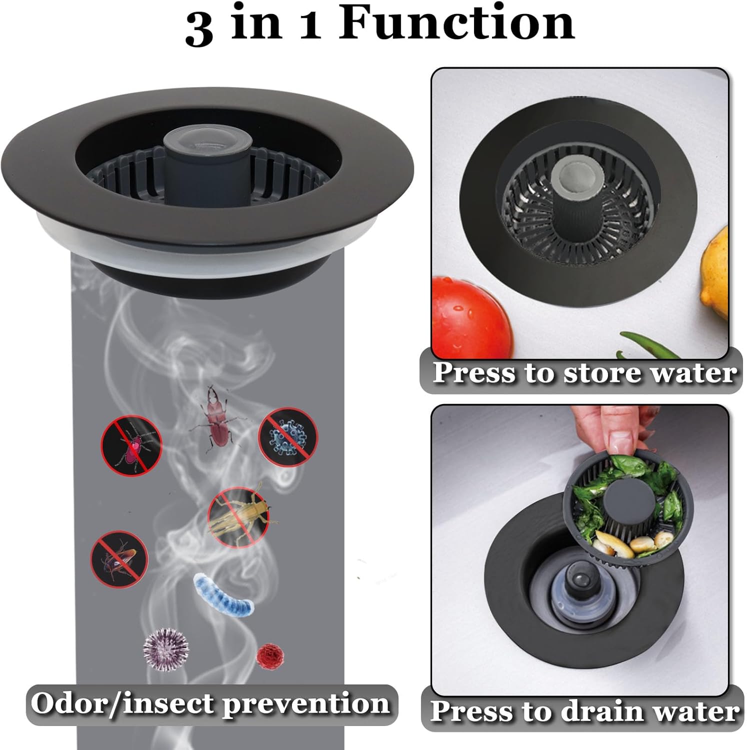 3 in 1 Kitchen Sink Stopper, Pop Up Kitchen Sink Drain Strainer, with an Extra Basket Strainer, Kitchen Sink Drain Stopper for US Standard 3-1/2 Inch, Brass Material Electroplate Black - Image 2