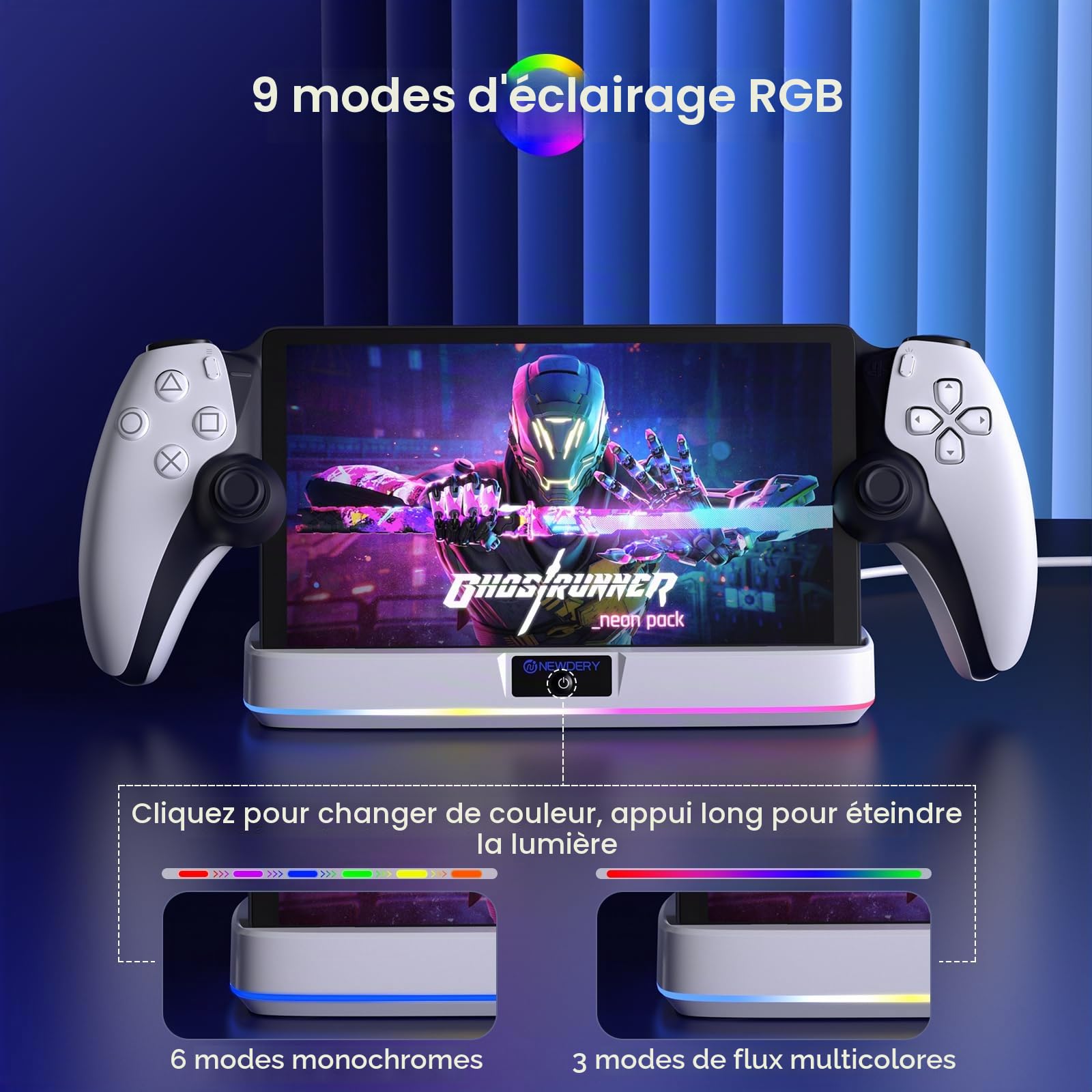 NEWDERY Station de Charge Compatible avec Les étuis pour PS Portal | Station de charge magnétique USB-C avec 9 modes d'éclairage RVB, compatible avec le lecteur distant PlayStation Portal, blanc