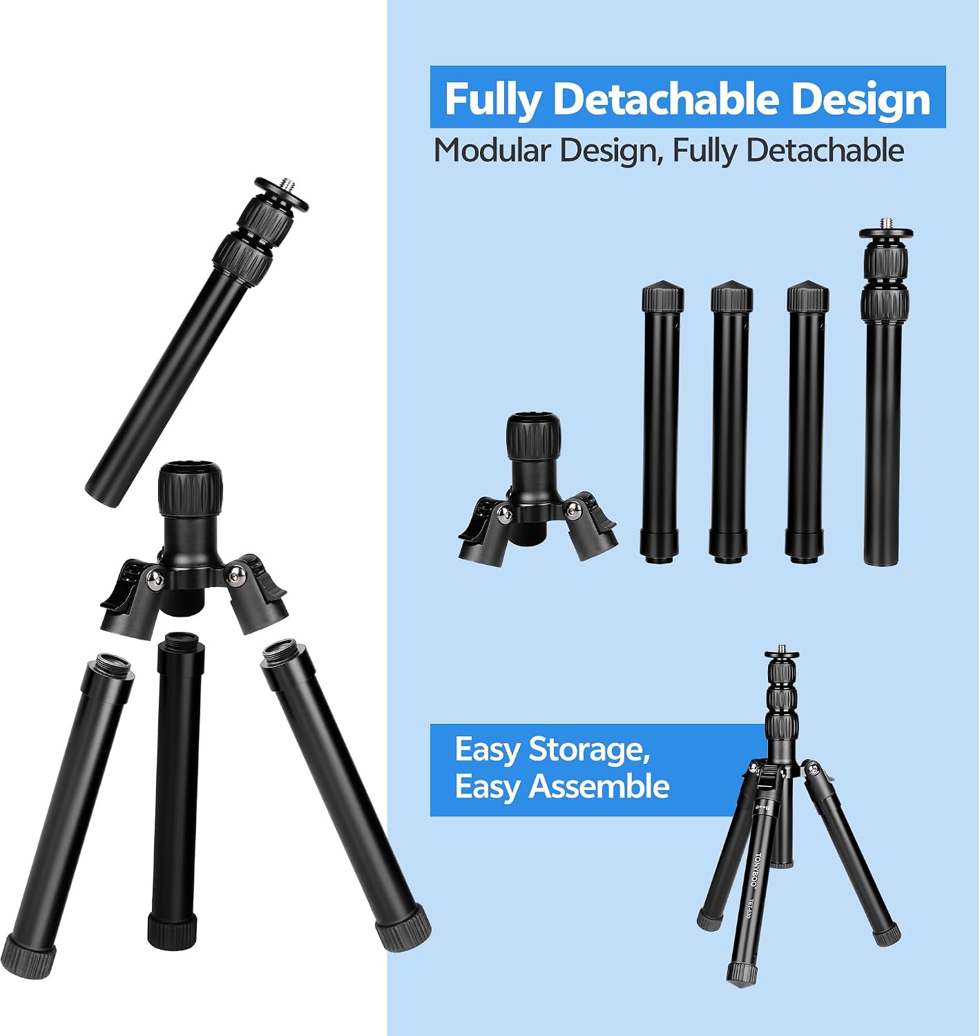 TONYBOO Compact Travel Tripod Detachable for Ball Head & Video Head | Pocket-Sized & Lightweight 51.6" Extendable But Tall,Fully Detachable , 3/8" Screw mount