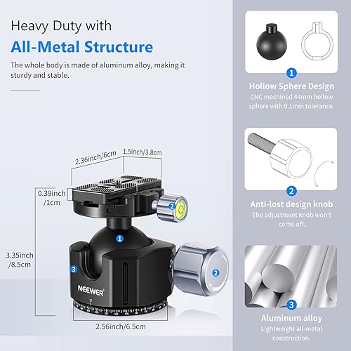 Miniatura 5 de Neewer Cabezal de bola de trípode de cámara DSLR de perfil bajo, cabezal de trípode panorámico de 1.732in con placa de liberación rápida de 14