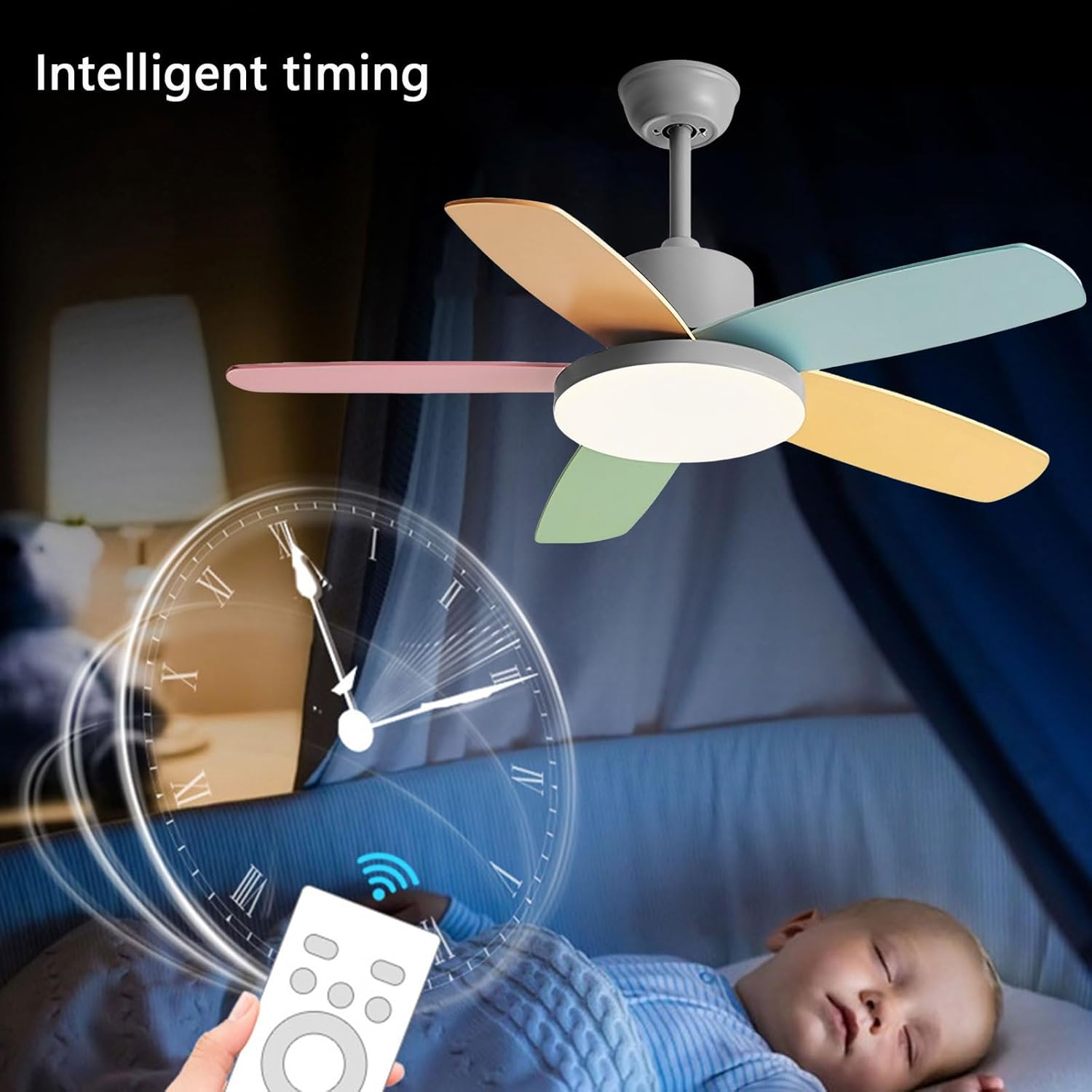 Kids Quiet Ceiling Fan with Light 36in Colorful Remote Fan Ceiling with Light Girls Boys Room Bedroom Mute Ceiling Fans 6 Gear Wind Speeds 60W LED Ceiling Chandelier for Living Room