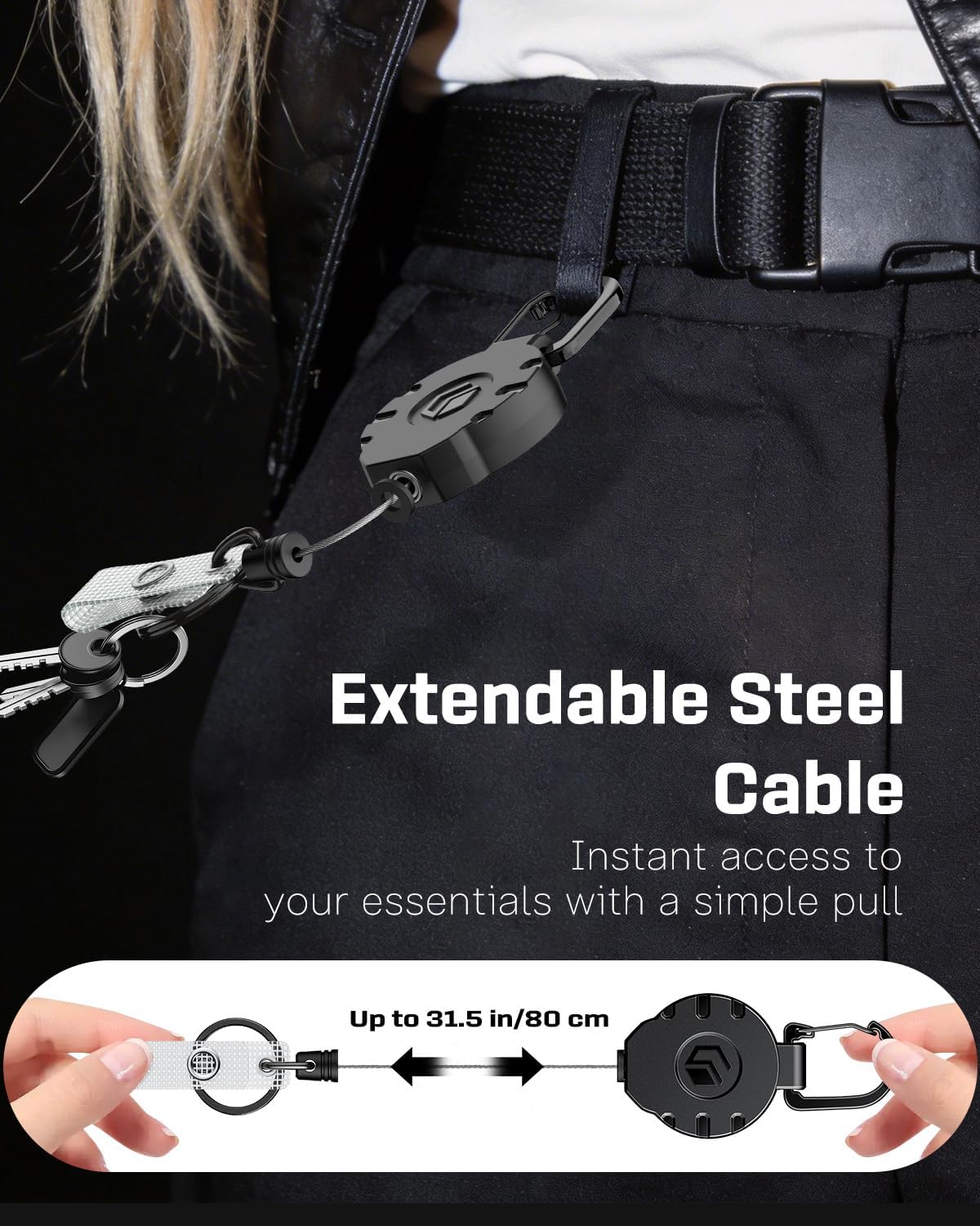 Uniclife 10 Pack Retractable Keychain Heavy Duty Carabiner Badge Holder Tactical ID Badge Reel for up to 8 oz with Stainless Steel 31.5 Inch Steel Wire Rope Retractable Lanyard Clip and Key Ring