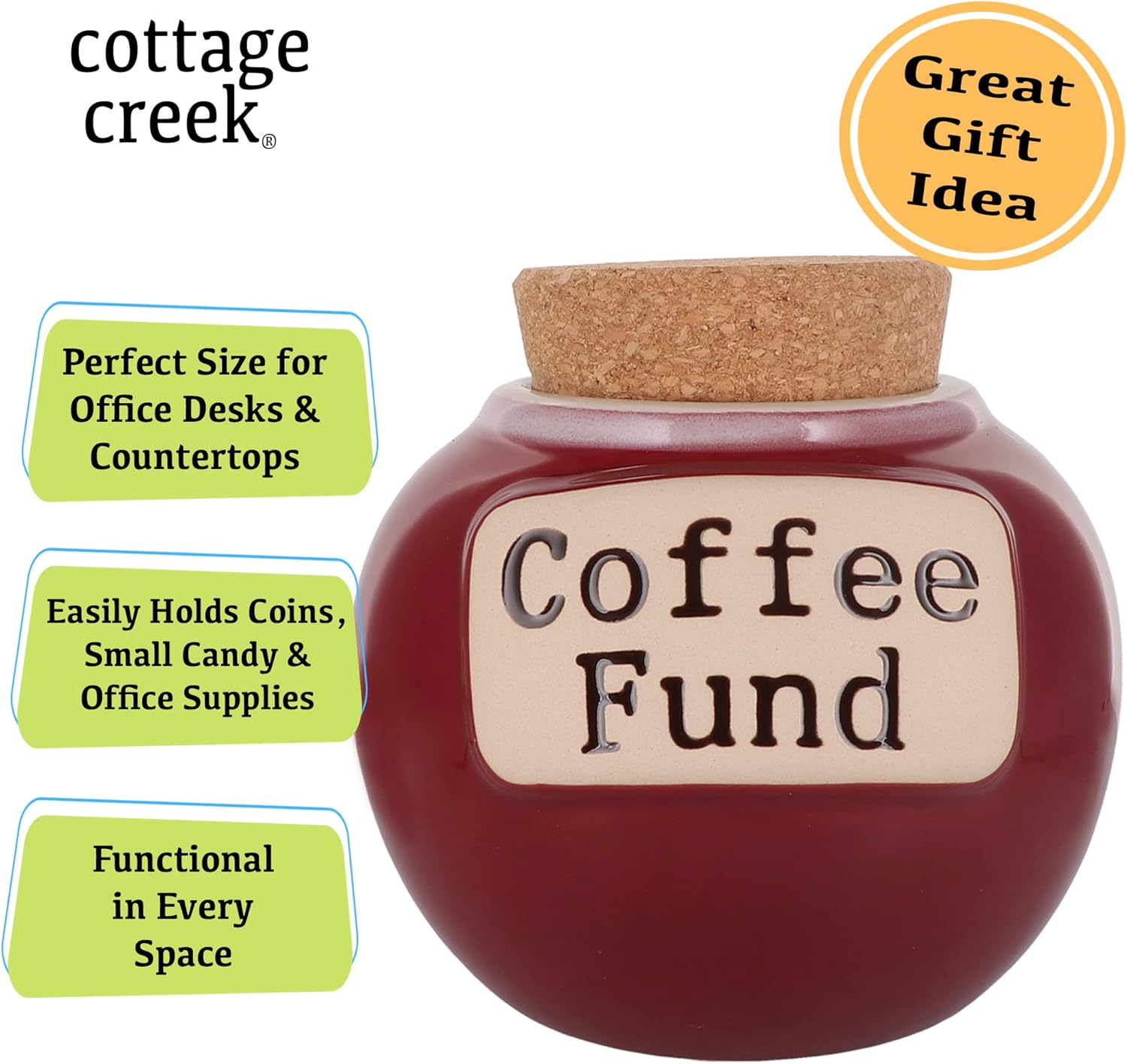 Cottage Creek Jars, Round Red Ceramic Coffee Fund Money Jar with Cork Lid, Coffee Container Piggy Bank, Birthday Gifts for Women, Friends, Men, Coworkers, Cute Home and Office Decor