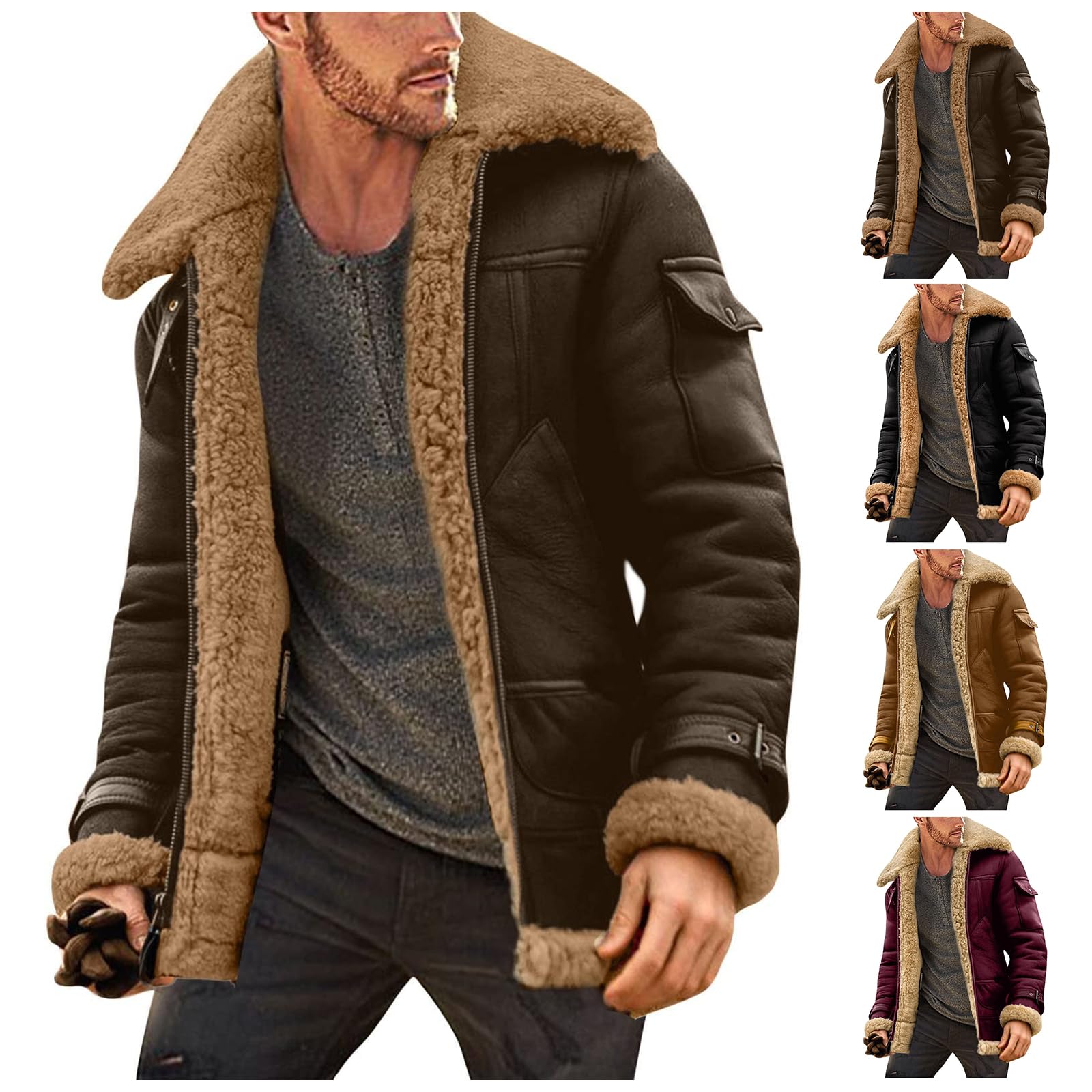 YSERBShearling Coat Men Warm Fleece Lined Coat Aviator Shearling Sheepskin Leather Winter Jacket Lapel Work Cargo Jackets