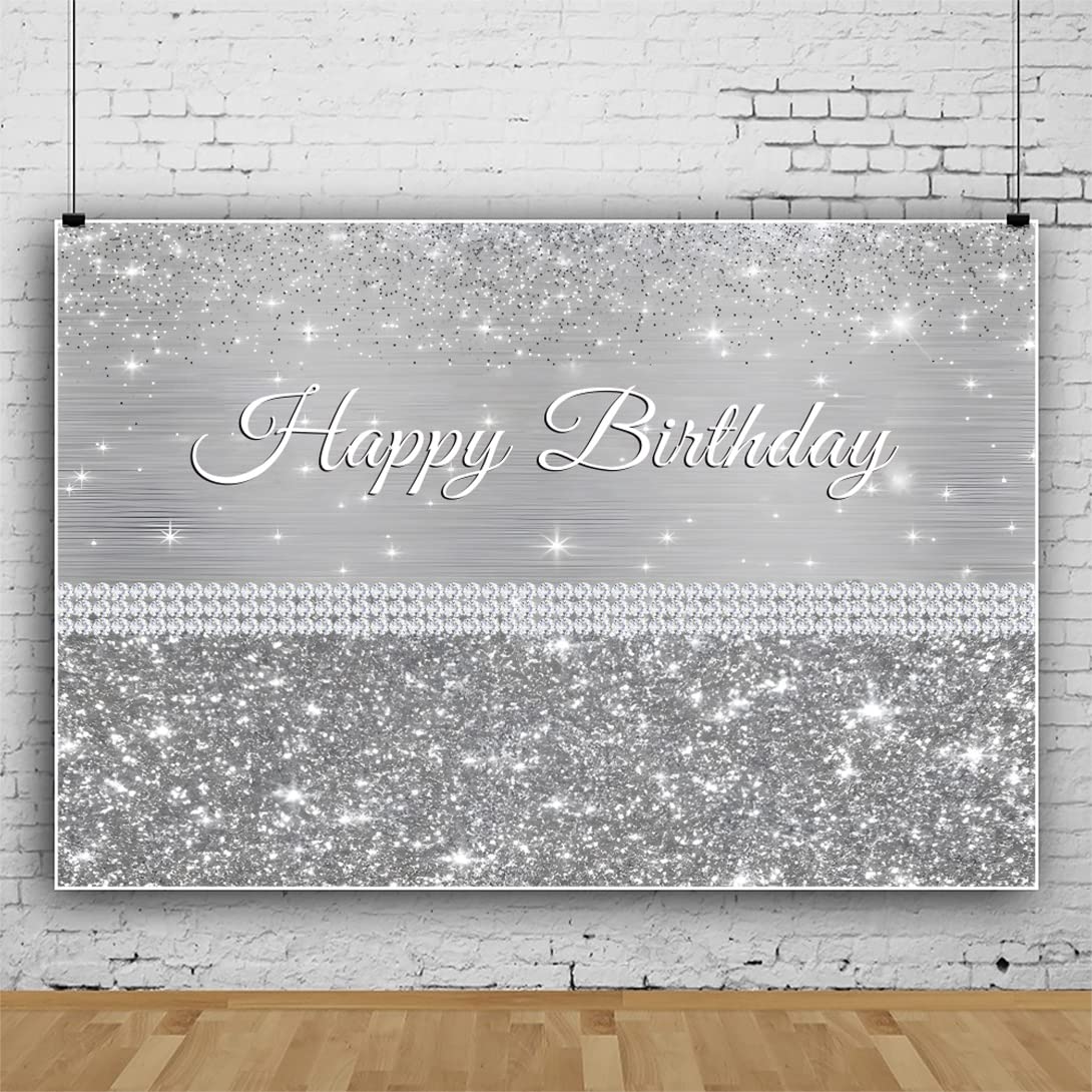 300x250cm Plata Brillante telón de Fondo Feliz cumpleaños Plata Glitter fotografía Fondo bebé Bautismo Fiesta de cumpleaños decoración para Tarta Mesa Banner