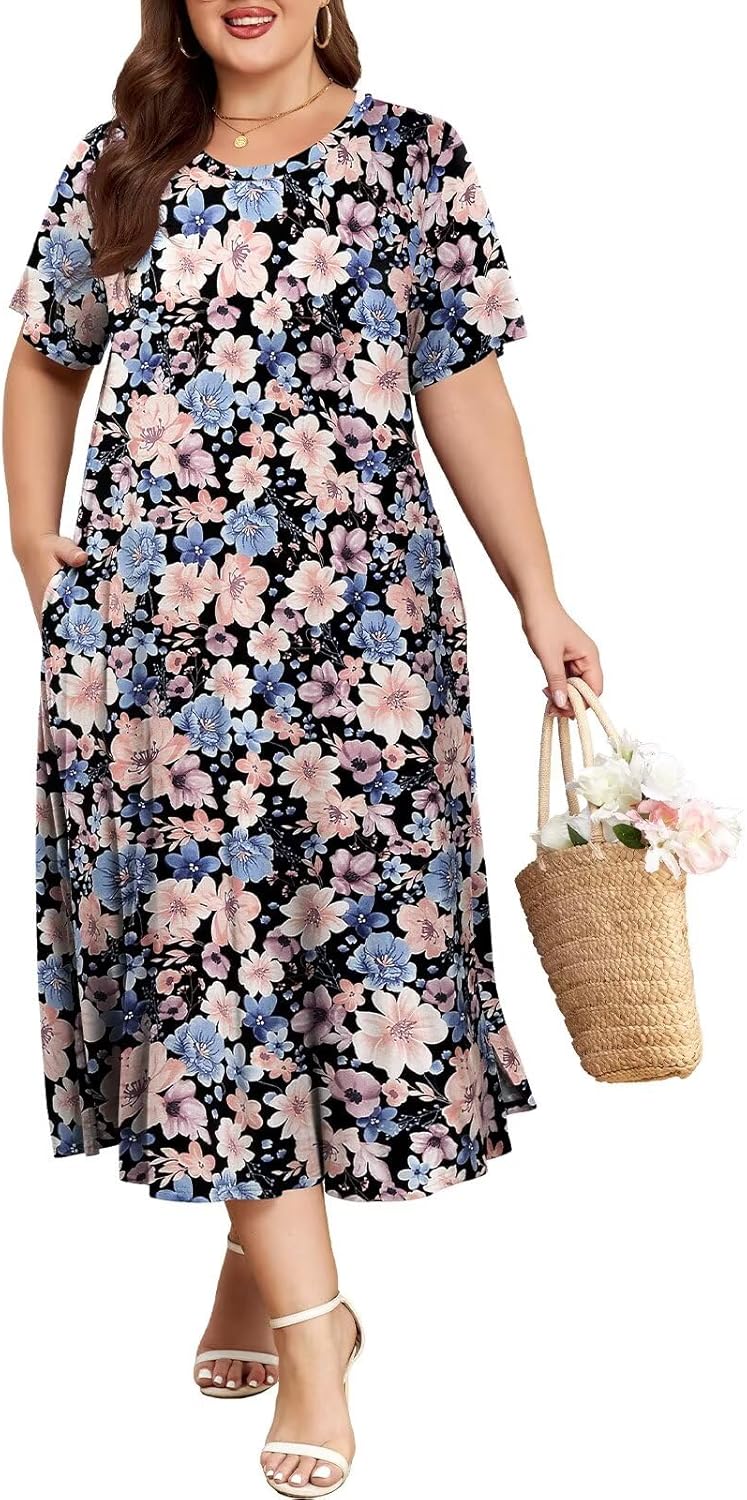 BELAROI Women Maxi Dress Casual Summer Crew Neck Short Sleeve Midi Tshirt Dress with Pockets Beach Cover Ups