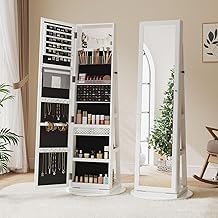 Dripex Jewellery Cabinet with Mirror, Standing Mirror, Jewellery Mirror Cabinet with Full Length Mirror and Interior Mirror, Jewellery Organiser with Shelves, 3 in 1, 360° Rotatable, Lockable, White