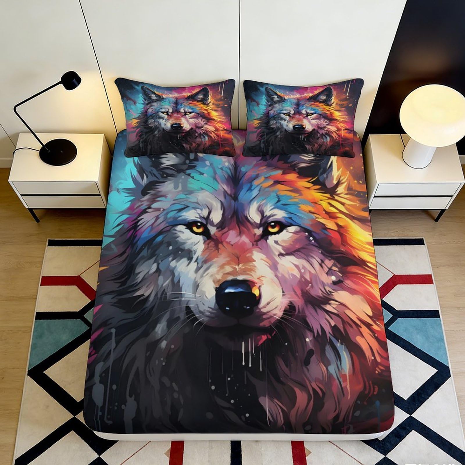 3D Printed Colorful Wolf Fitted Sheet Microfiber Soft Breathable Vibrant Wolf Bed Sheet for Bedroom Dormitory Guest Room Mattress Protection Decor 160x200x25cm