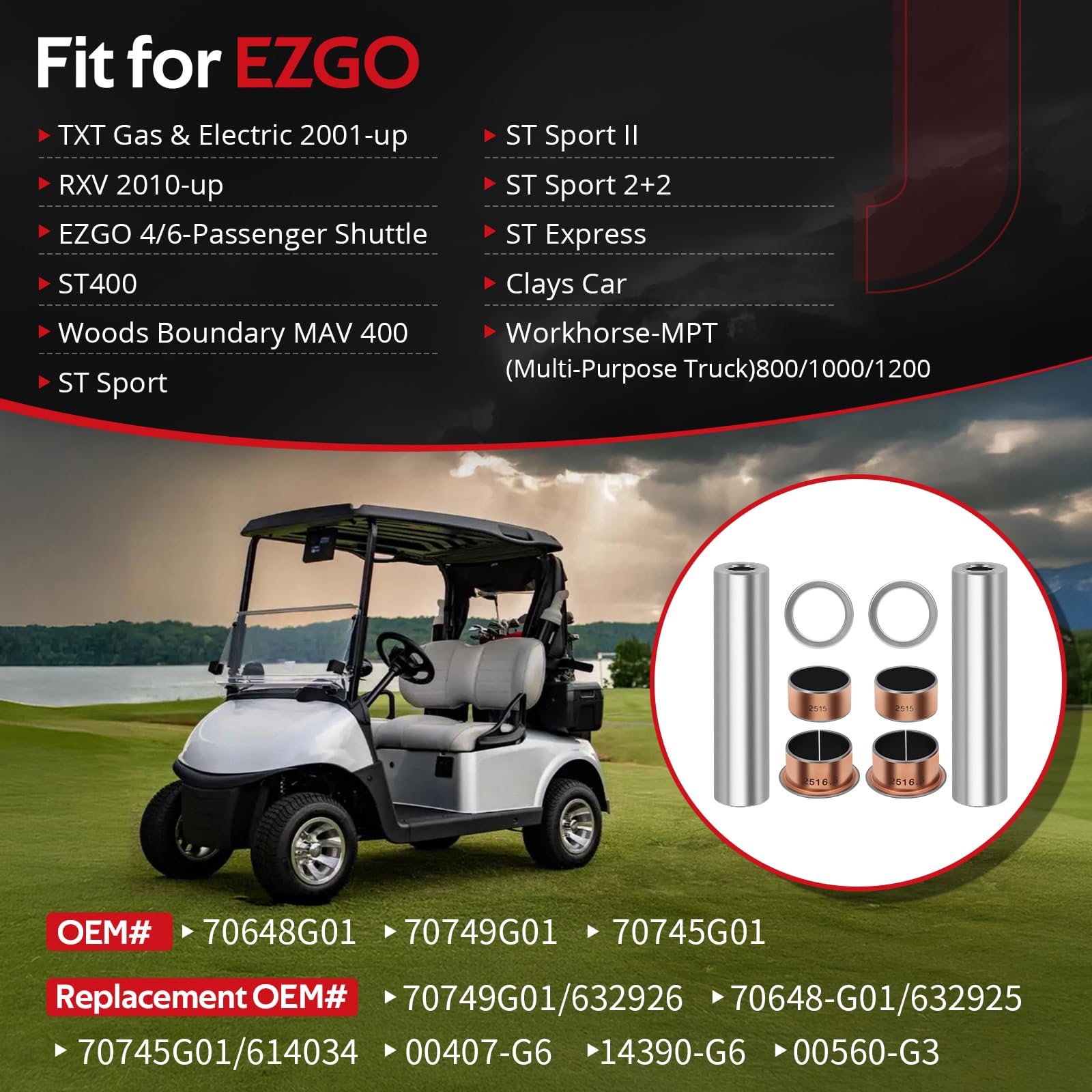 Spindle King Pin Tube Bushing Kit for EZGO TXT 2001-up EZGO RXV 2010-up