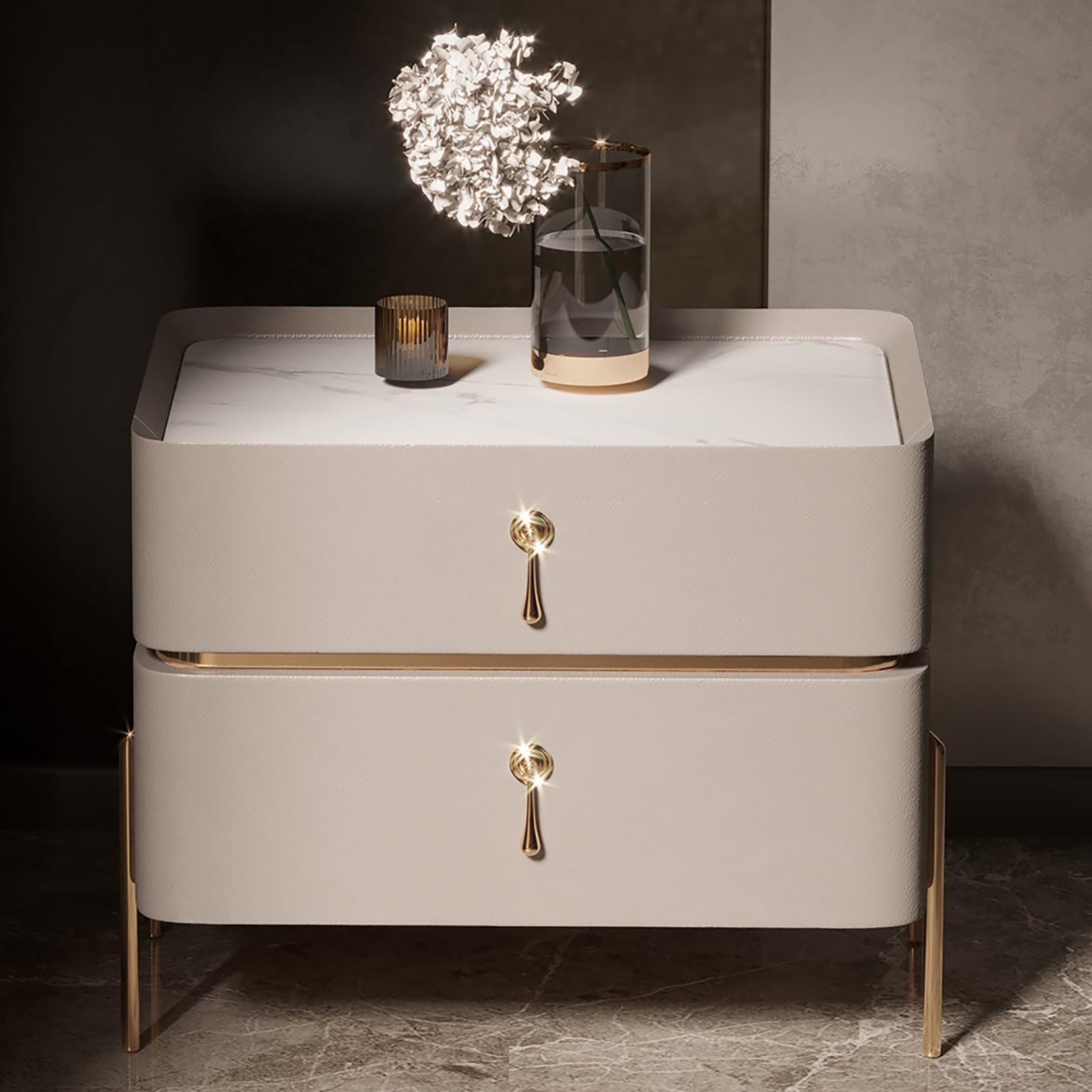 SXZenSpace Modern Nightstand with 2 Drawer and Rock Slab Tabletop, Solid Wood Bedside Tables for Bedrooms(Gray,50x40x48cm)