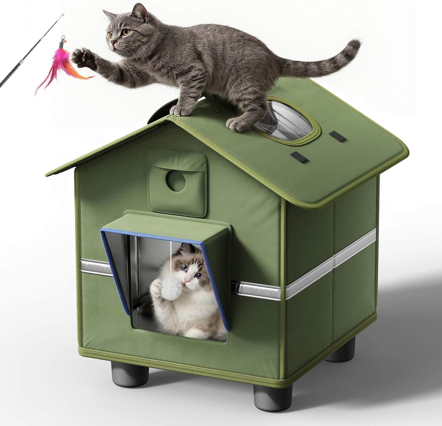 Outdoor Cat House for Outside with Elevated Base Cat-Attracting Eave Design and Cat Toys Feral Stray Shelter Weatherproof in Garage Yard Porch (Dual Camera Ports)