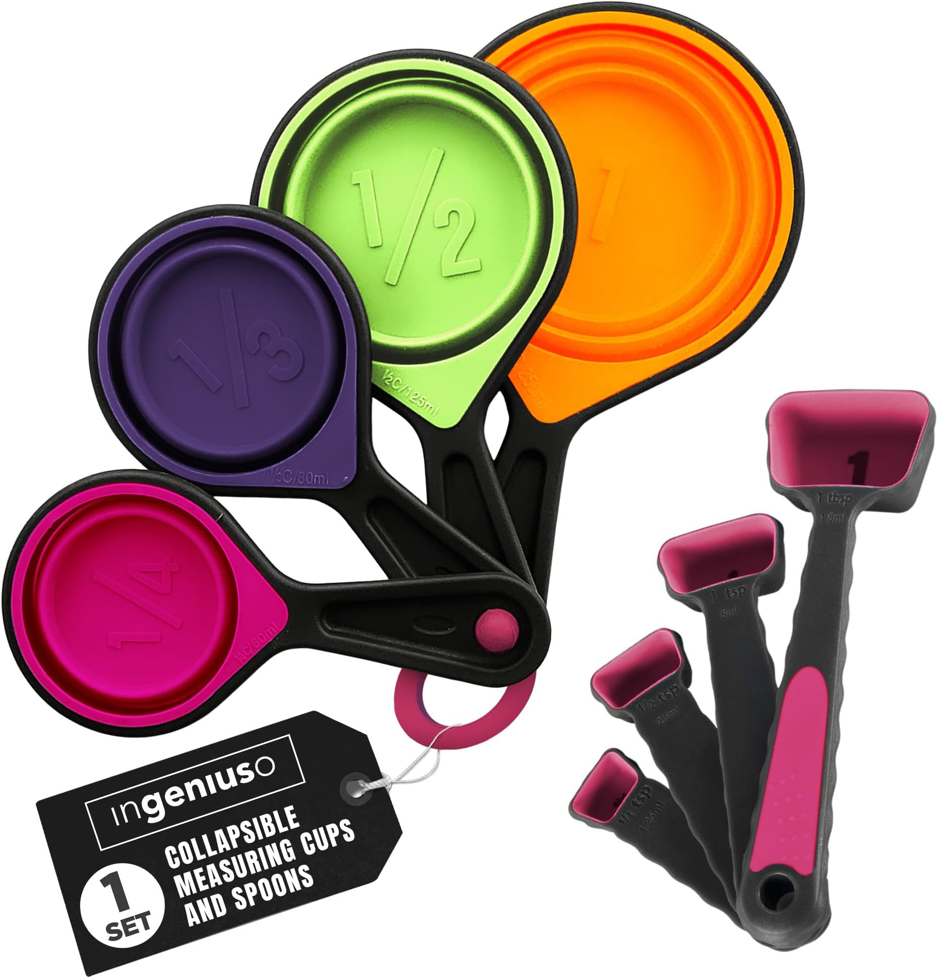 Collapsible Measuring Cups and Nesting Spoons - Adjustable Silicone for Cooking, used for Liquid and Dry Kitchen Items - Portable Portion Control, Dog Food, Kids, Travel, Camper, Space-Saving - 1 Set