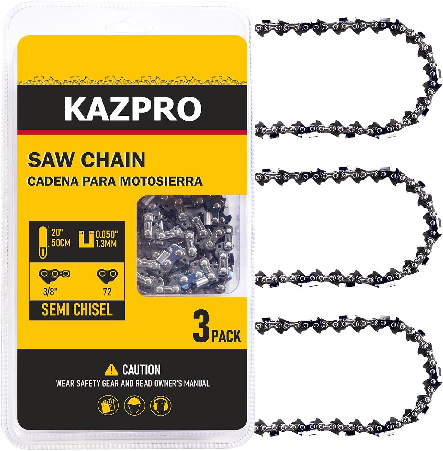 20 Inch Chainsaw Chain 72 Drive Links, 3/8" Pitch, .050" Gauge, Low kickback, Lubrication System Chainsaw Blade fits Echo, Poulan, Makita, Remington, etc, KP-D72 (3 Pack)