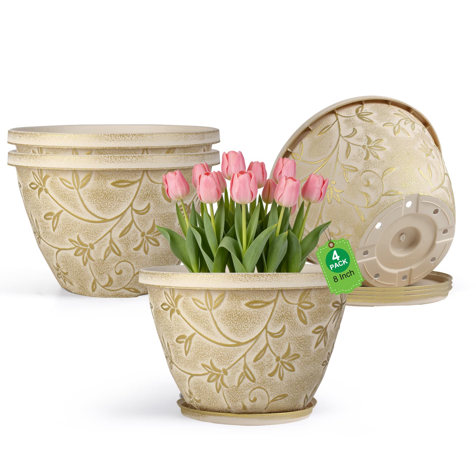 Nooulap Maceta de 8 pulgadas con agujero de drenaje, paquete de 4 macetas de plástico para plantas de interior y exterior, maceta pequeña decorativa para escritorio, balcón y jardín (beige)