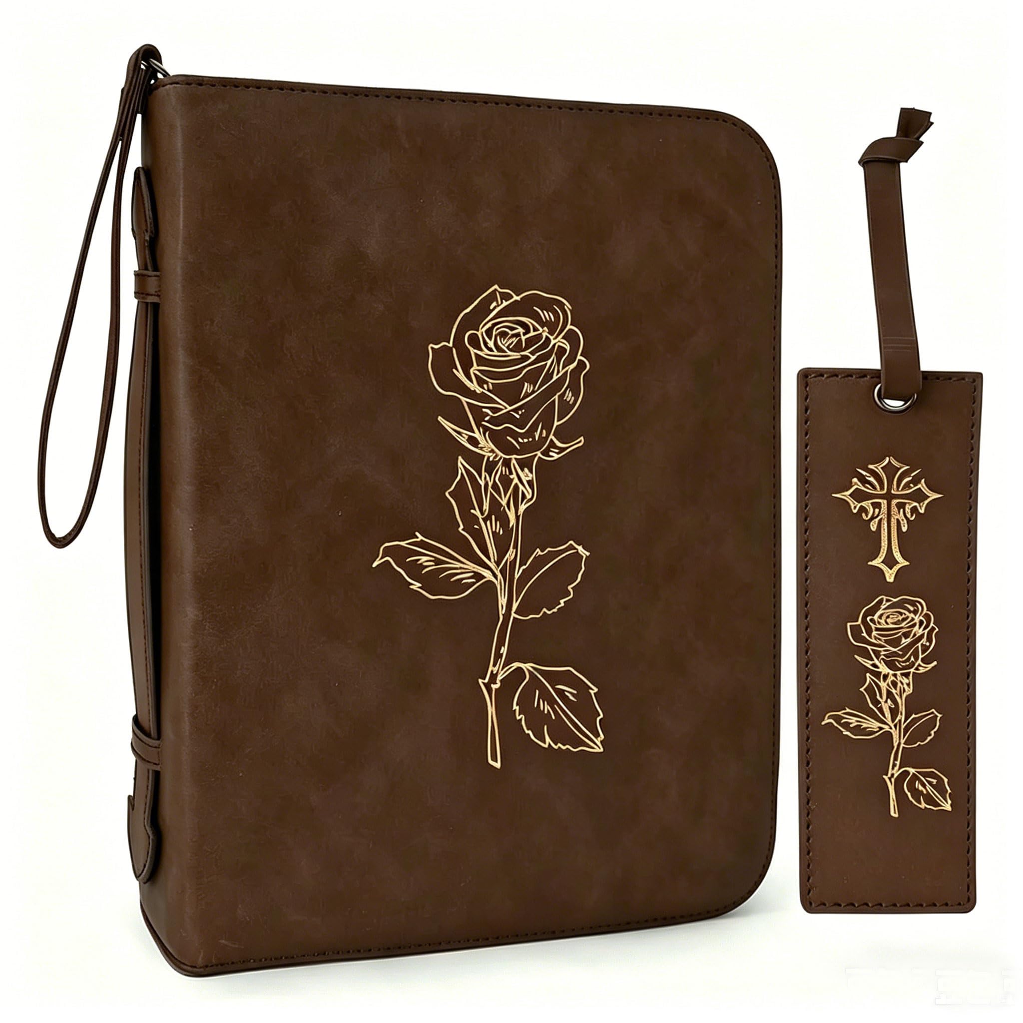 Leather Bible Cover for Women & Men With Rose Bookmark, Carrying Bag Tote With Strap, Personalized Book Organizer for Study Journaling - Dark Brown — image 1