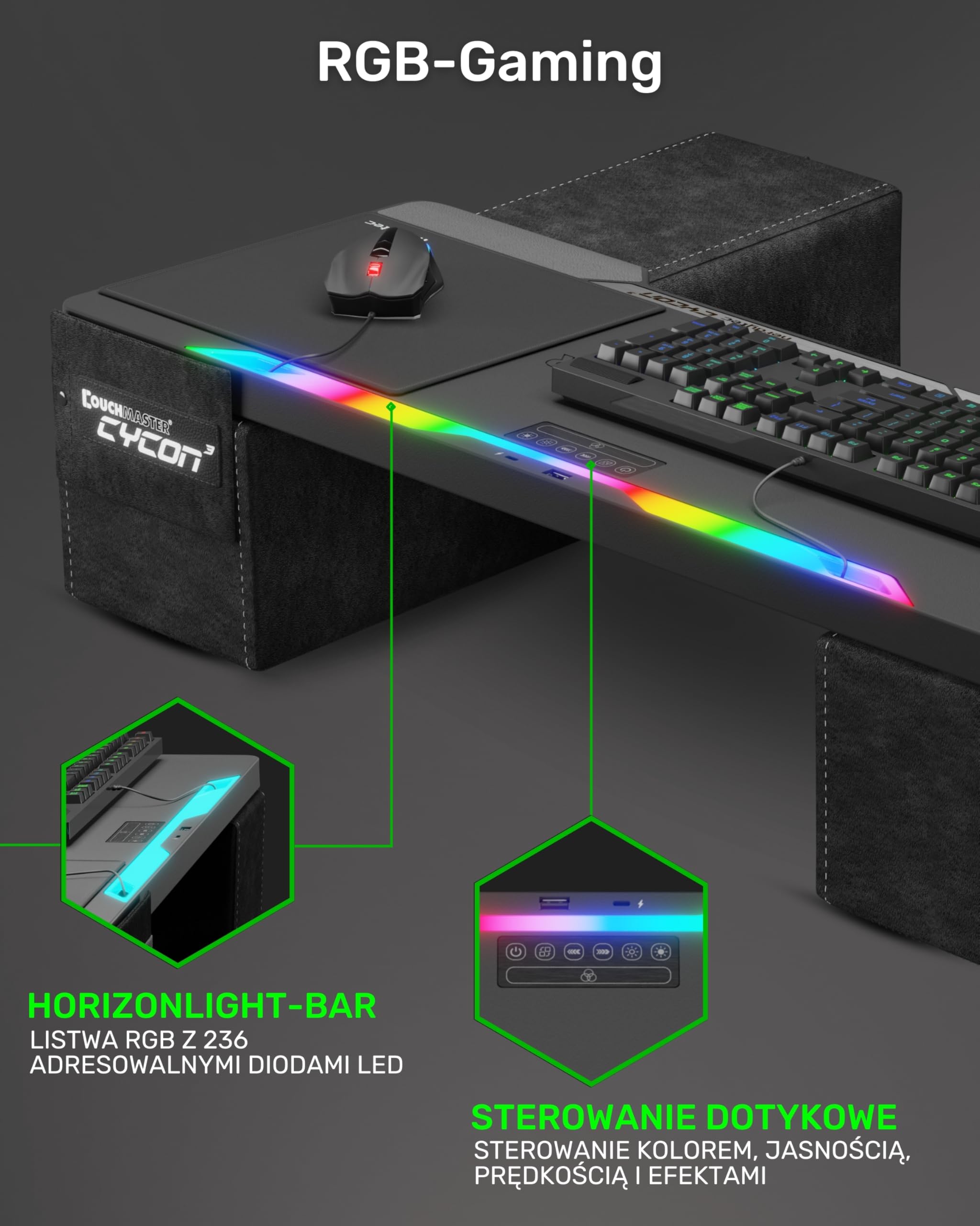 Couchmaster CYCON³ Czarny z HORIZONLIGHT – Ergonomiczny Gaming Lapdesk do kanapy i łóżka – Lapboard z koncentratorem USB – Duży i stabilny (PC, PS4/5, Xbox One/Series X, laptopy)