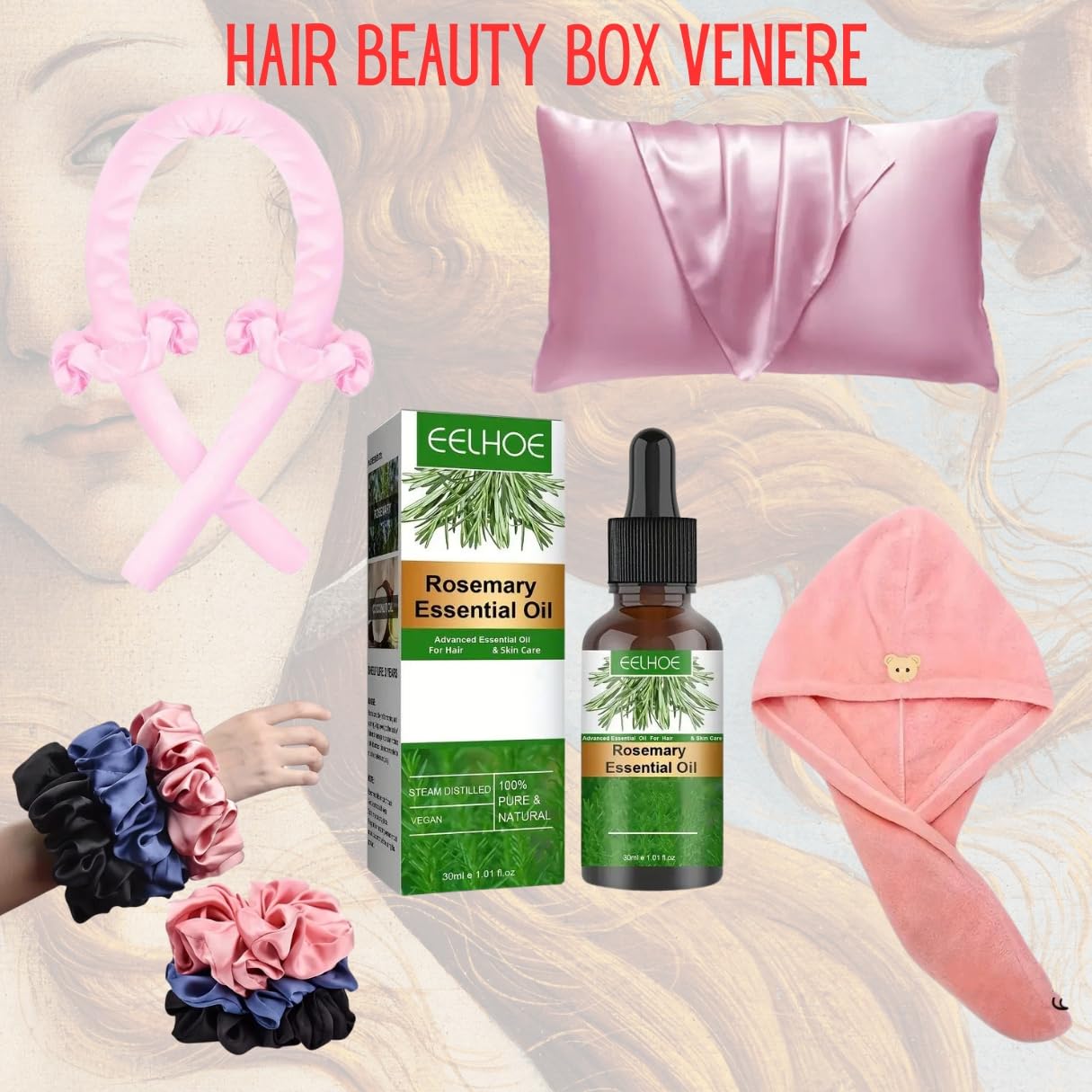 beauty box jedwabna poszewka na poduszkę + olejek eteryczny z rozmarynu do pielęgnacji włosów + nieogrzewany lokówka opaska na głowę jedwab + 3 szt. damskie duże jedwabne gumki do włosów