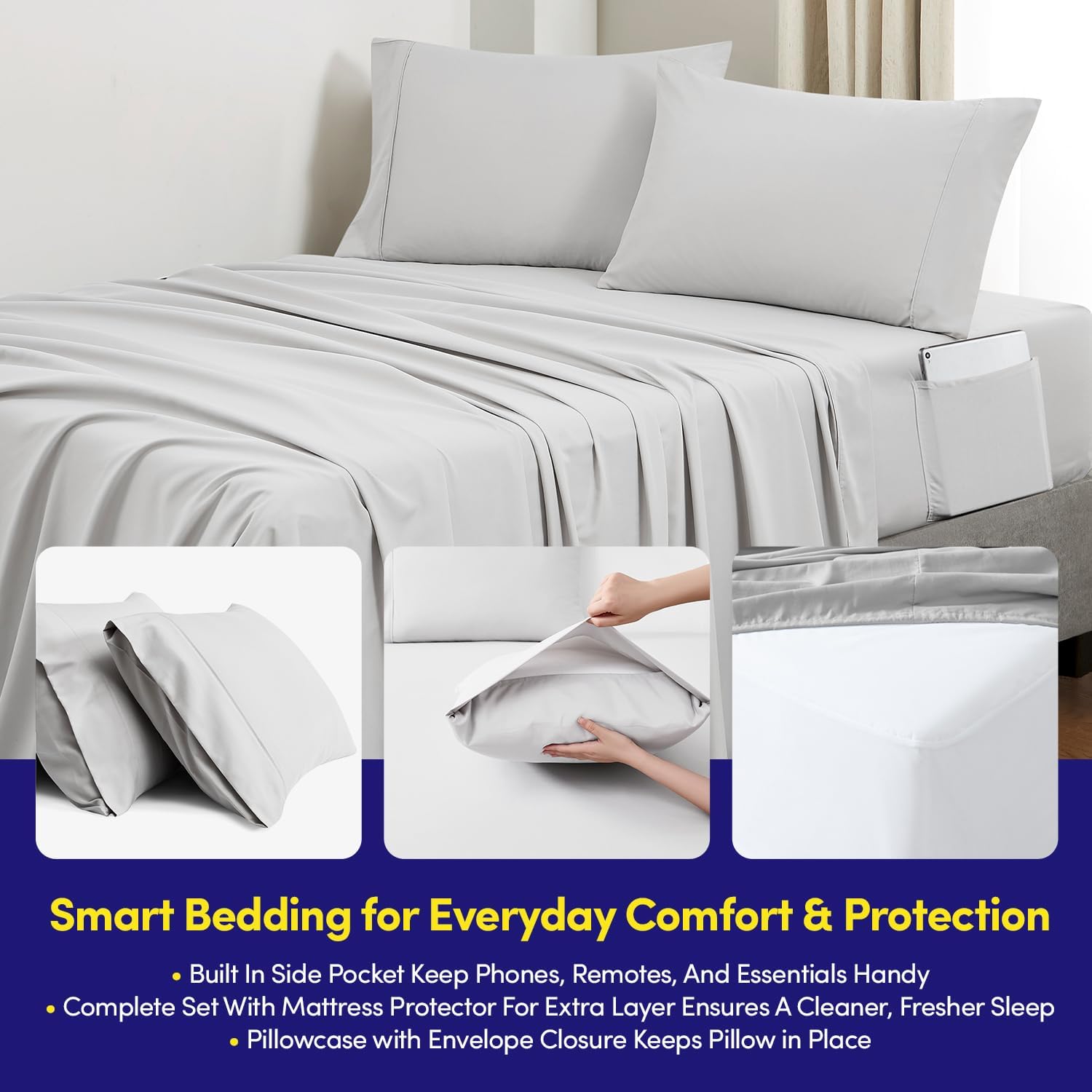 Queen Comforter Set Quilted Stripe Bedding Bundle – Comforter, Mattress Protector, Sheets with Pockets on the Side & Built-in Corner Strap – Fitted Sheet Media Pocket for Devices, Gray/Silver