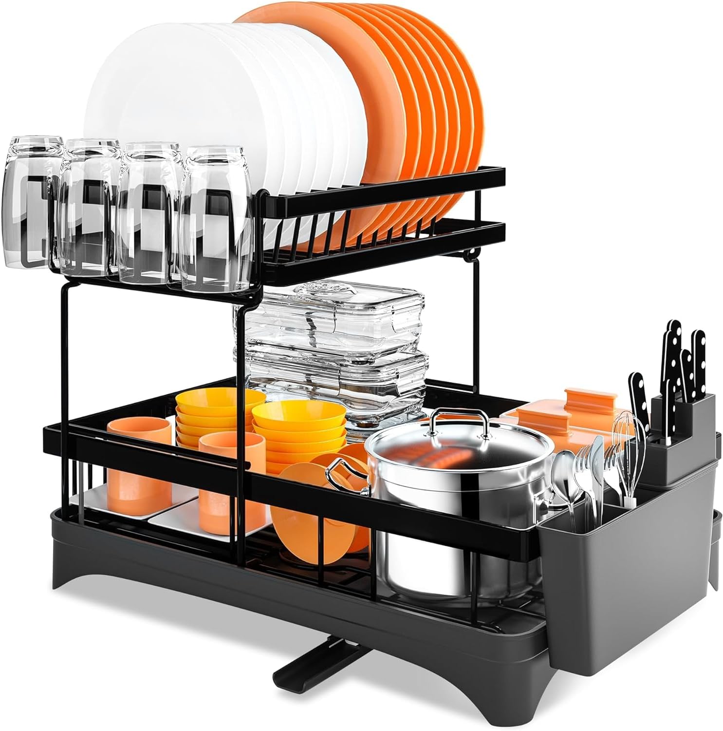 Averrex Dish Drainer Rack, 2 Tier Dish Drying Rack with Drip Tray, Detachable Large Capacity Drying Rack with Utensil Holder and Cups Holder for Kitchen Countertop (Black)