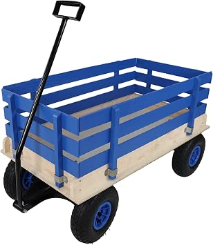Garden Cart, Wooden Kids Outdoor Wagon with Rubber Wheels, All Terrain Cargo Wagon Cart for Grocery Sports Garden Shopping Blue