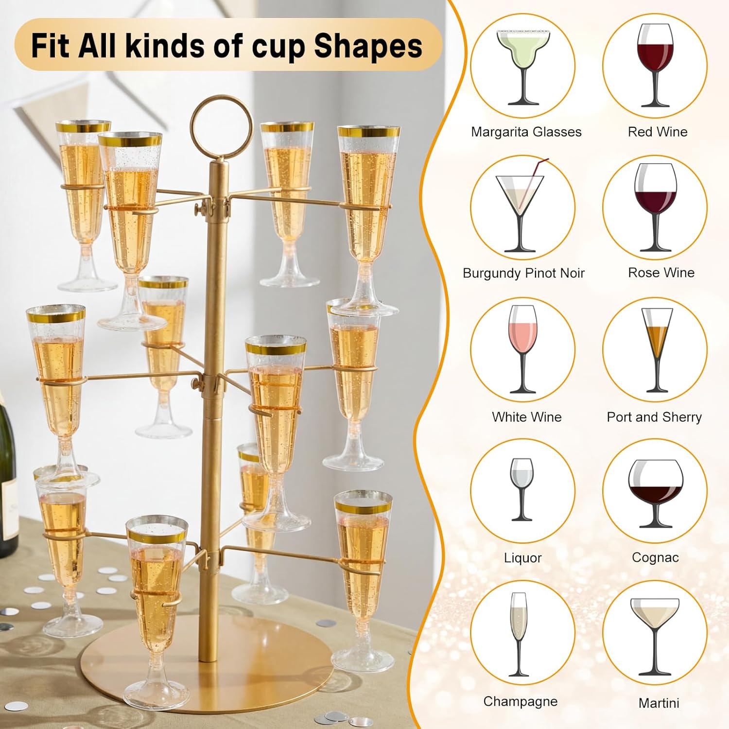 12 Pcs Plastic Glasses with Metal Champagne Tower Disposable Clear Cocktail Glasses for Party Birthday Wedding(5 oz, Champagne)