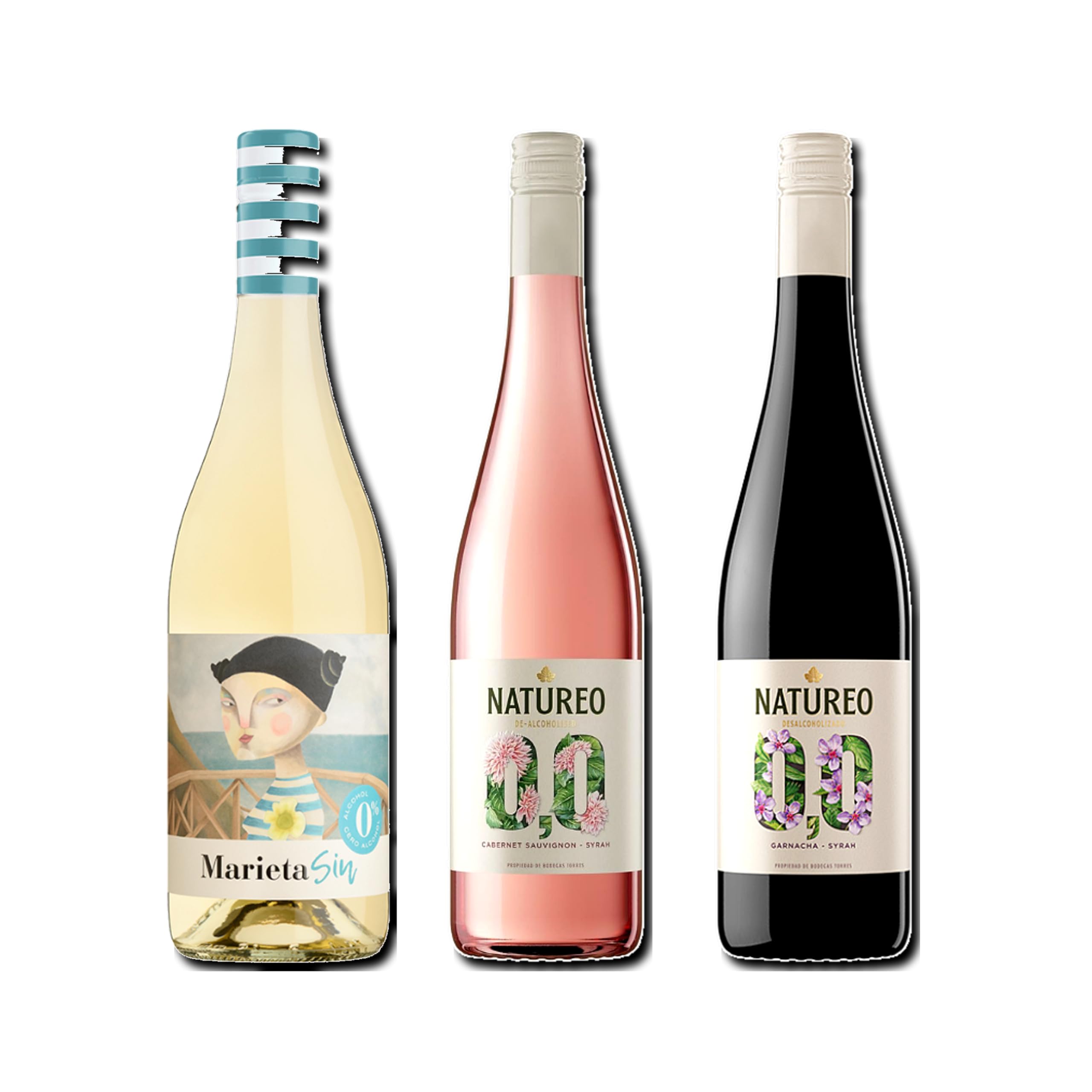 vino sin alcohol 0,0 Marieta, Natureo Rosado y Natureo Tinto pack de 3 botellas 75cl