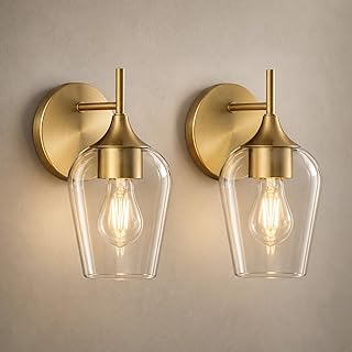 Hamilyeah Gold Sconces Wall Lighting Set of 2, Bathroom Wall Lighting Fixtures Brass, Modern and Vintage Wall Lights with Clear Champagne Glass Shade for Bedroom,Fireplace,Hallway,Kitchen cUL Listed