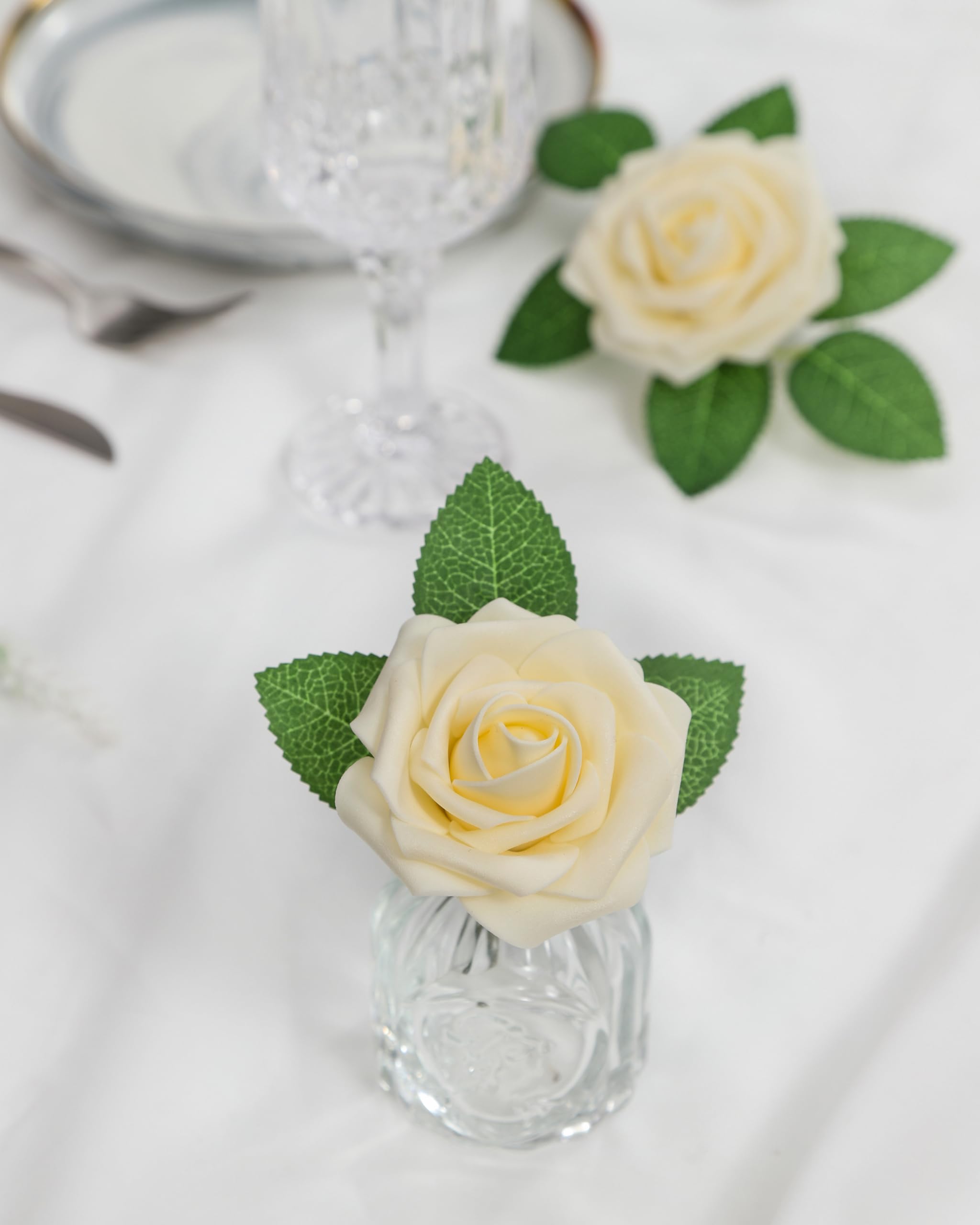 DuHouse 25Pcs Artificial Roses Flowers Fake Rose with Stems Real Touch Foam Flower Head for DIY Wedding Bridal Bouquet Baby Shower Centerpiece Floral Arrangement Party Home Decor(Light Champagne) - Image 4