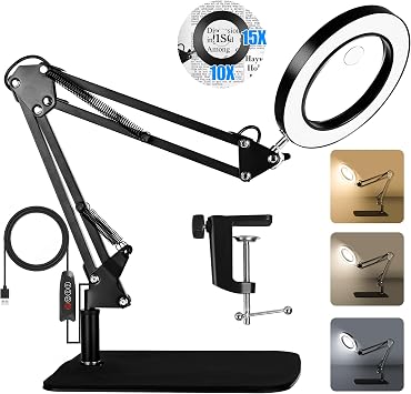 15X 10X Magnifying Glass with Light and Stand, 2 in 1 Magnifying Desk Lamp with Clamp & Base, 3 Color Modes with Adjustable Arm, LED Lighted Magnifier Light for Reading, Hobby, Repair, Close Work