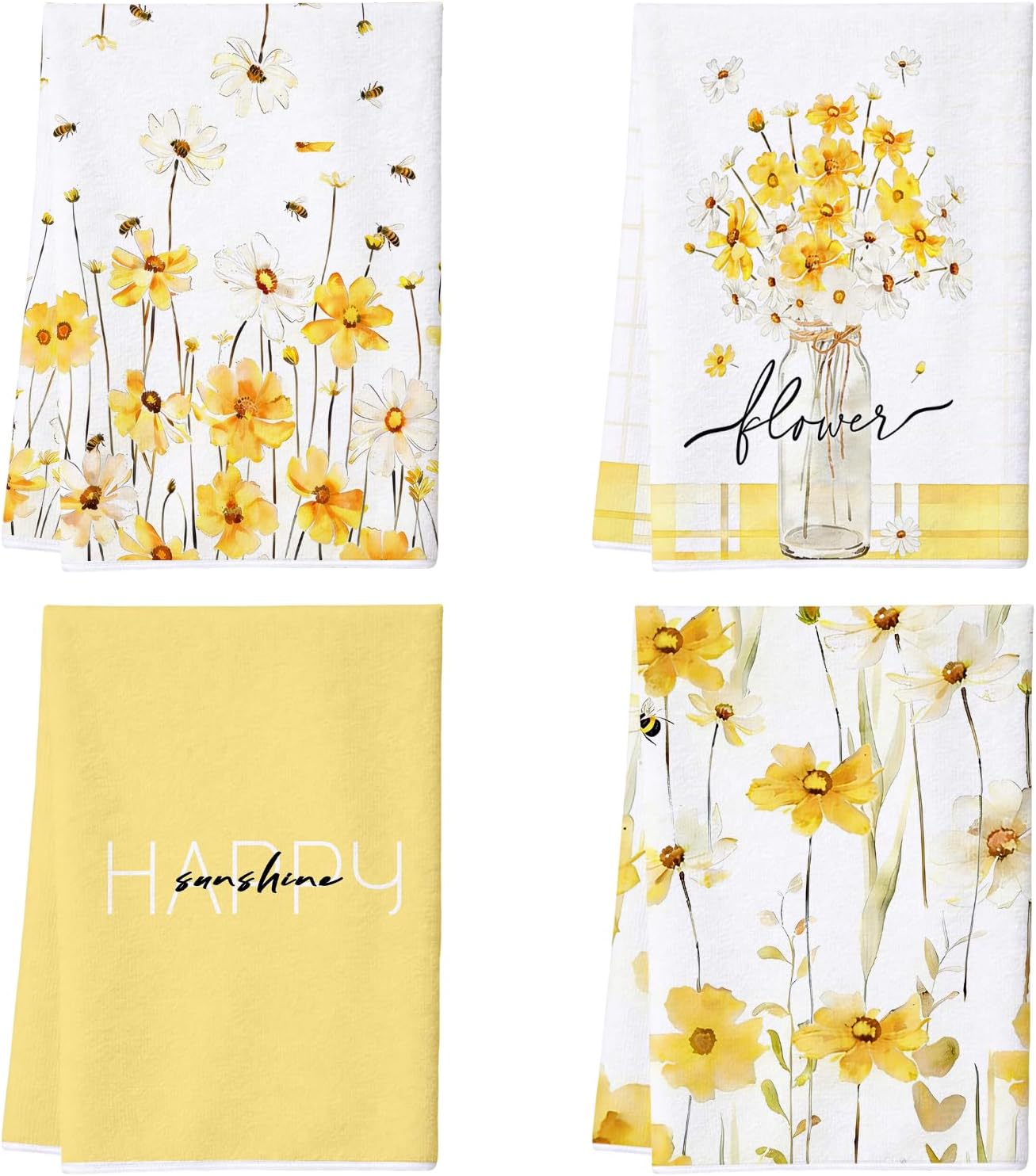 Yellow Floral Kitchen Towels Set of 4 – 16x24 Inch Cute Watercolor Daisy Bee Dish Towels, Soft Absorbent Hand Towels for Kitchen, Spring Summer Home Decor, Housewarming & Birthday Gift for Women