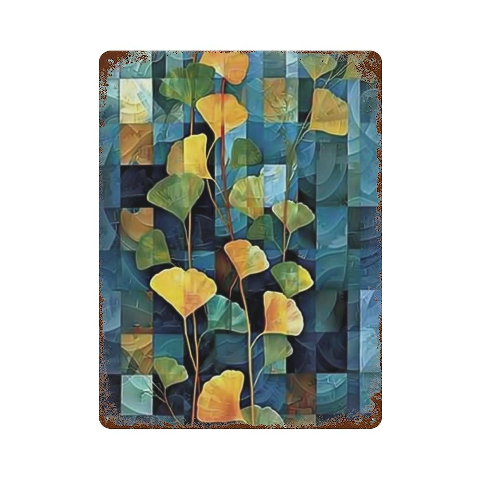 WUJHGRSG Impasto Geometric Block Golden Ginkgo Twigs 04 Wall Art Retro Iron Vintage Metal Tin Sign Poster Modern Decor for Home Cofffee Club Bar Shop Style 40x30cm