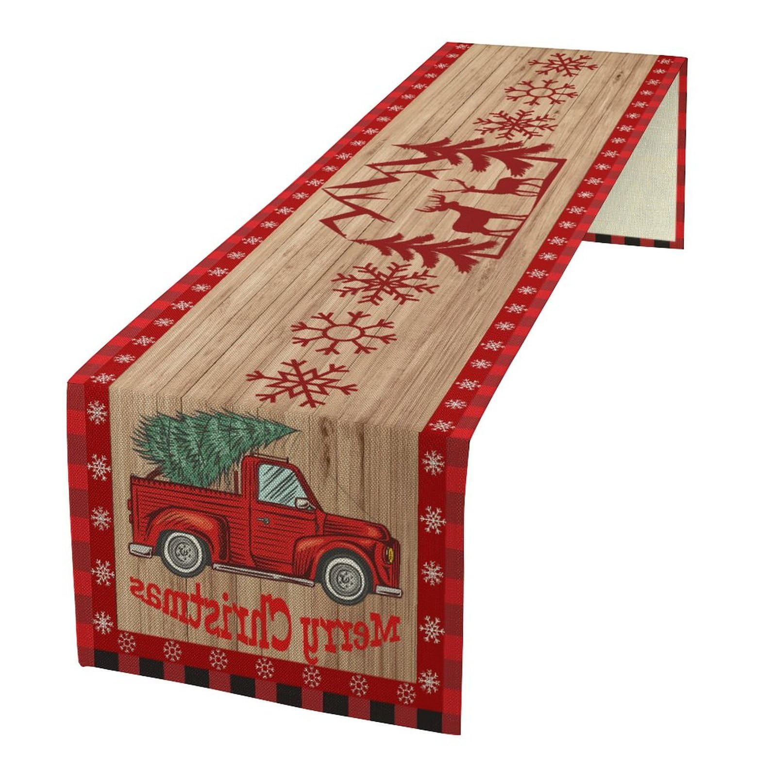 Christmas Table Runner with Red Truck, Buffalo Plaid Snowflake Kitchen Dining Coffee Bar Christmas for Home Kitchen Coffee Dining Table Decor 13x60