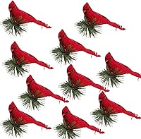 Vista 1 de IUIBMI Paquete de 10 pájaros cardenales rojos artificiales con clip en ramas de pino para árbol de Navidad, pájaros realistas con plumas