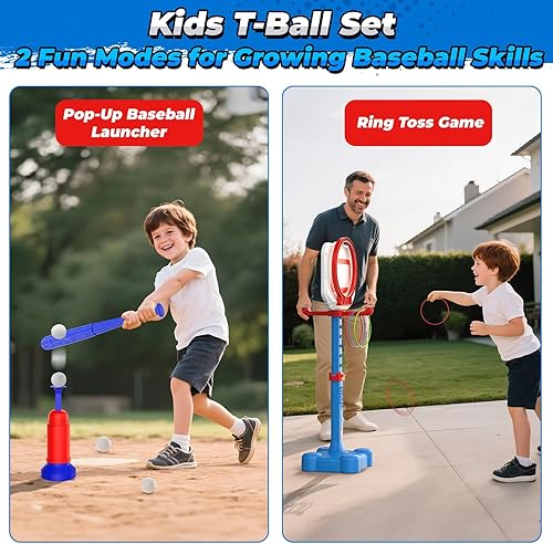 Miniatura 4 de EagleStone Juego de aro de baloncesto 4 en 1 y pelota en T, altura ajustable, juguete de lanzamiento de pelota y anillo, regalo deportivo al aire