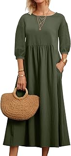 Womens Linen Cotton Dresses Solid 3/4 Sleeves Maxi Casual Dress with Pocket