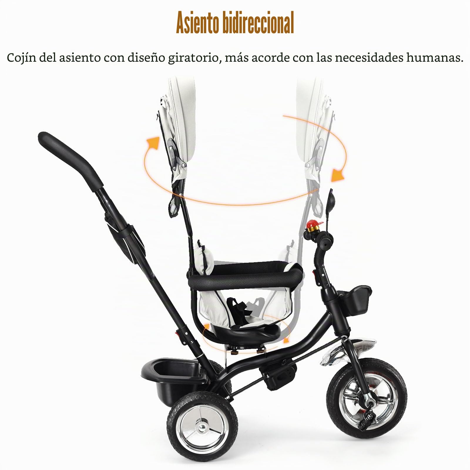 Supfine Triciclo de bebé escalable, triciclo evolutivo 4en1,triciclo infantil de 9 meses hasta 25 kg, con varilla de empuje ajustable en altura, asiento giratorio delantero y trasero, plegable (gris)