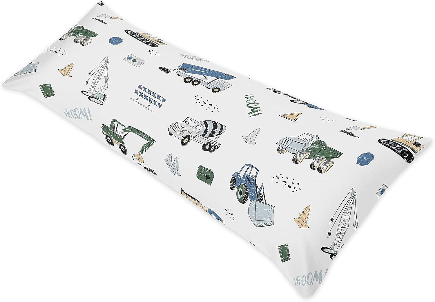Sweet Jojo Designs Construction Truck Body Pillow Case Cover (Pillow Not Included) - Grey Yellow Black Blue and Green Transportation