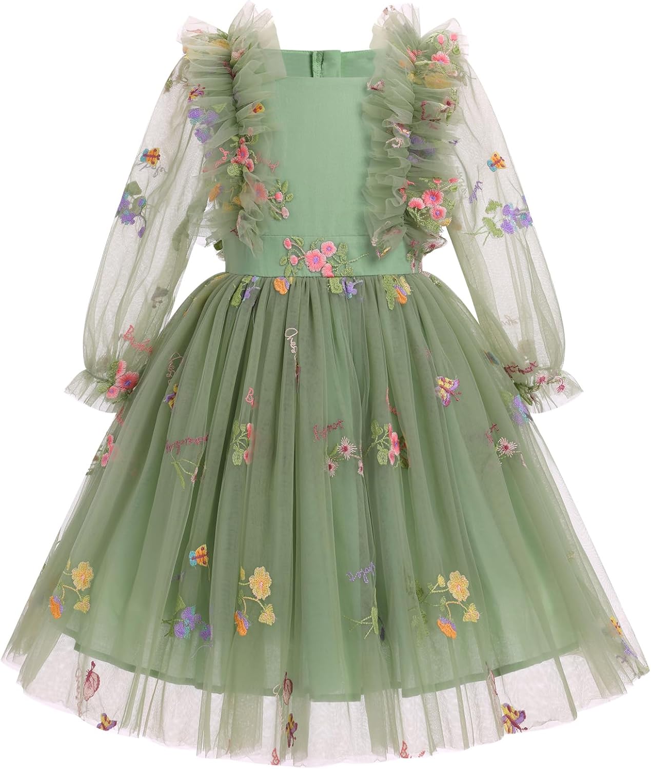 IBTOM CASTLE Flower Girls Long Sleeve Floral Rainbow Confetti Birthday Dress Toddler Pageant Formal Party Tulle Tutu Dresses