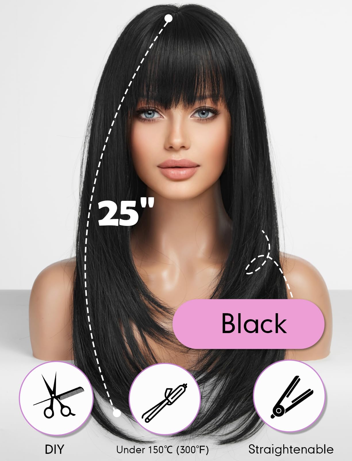 WOKESTAR Black Wigs for Women Layered Straight Long Wig with Fringe, 25 inch - Image 3
